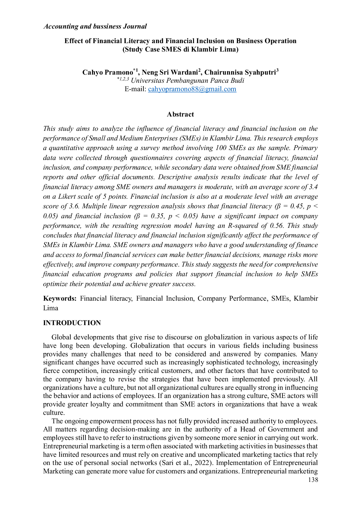 JURIS Effect of Financial Literacy and Financial Inclusion on Business Operation Study Case SMES di Klambir Lima