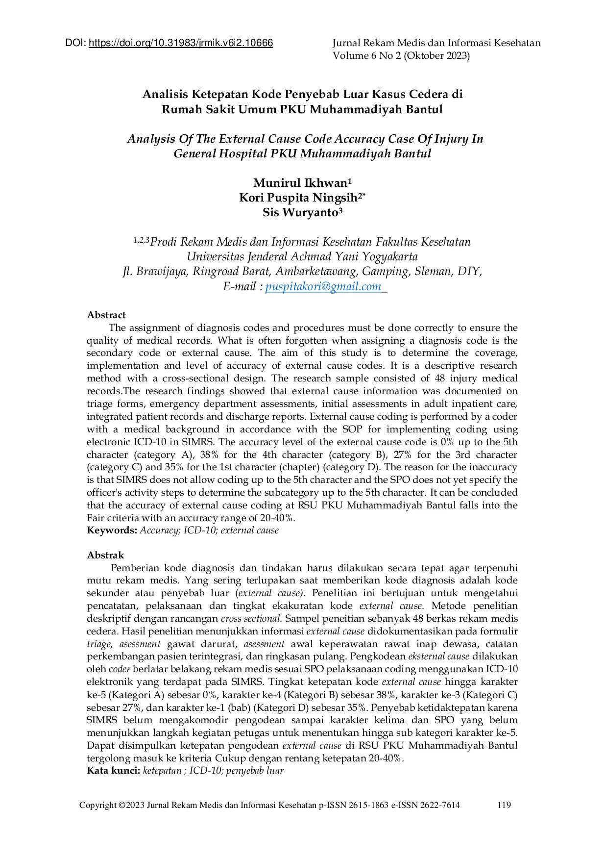 JURIS Analysis Of The External Cause Code Accuracy Case Of Injury In General Hospital PKU Muhammadiyah Bantul