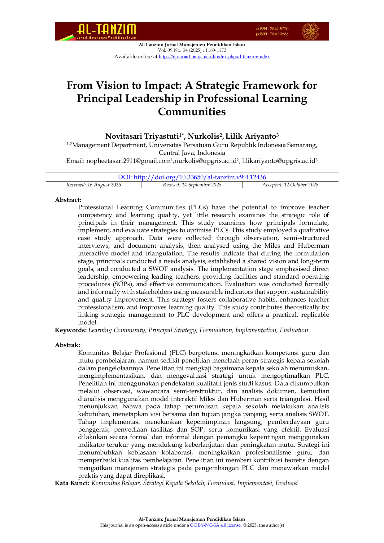 JURIS From Vision to Impact A Strategic Framework for Principal Leadership in Professional Learning Communities