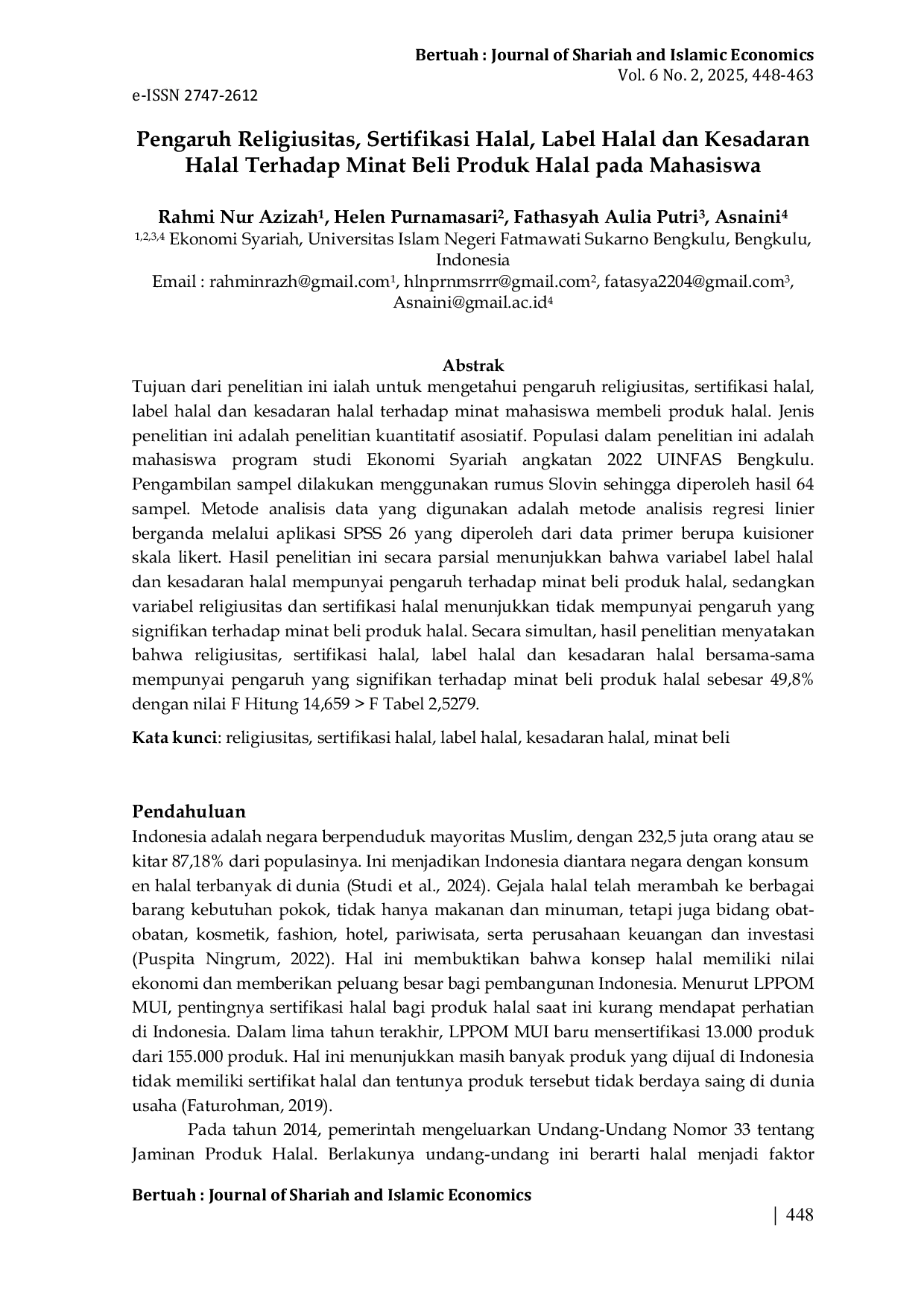 JURIS Pengaruh Religiusitas Sertifikasi Halal Label Halal dan Kesadaran Halal Terhadap Minat Beli Produk Halal pada Mahasiswa