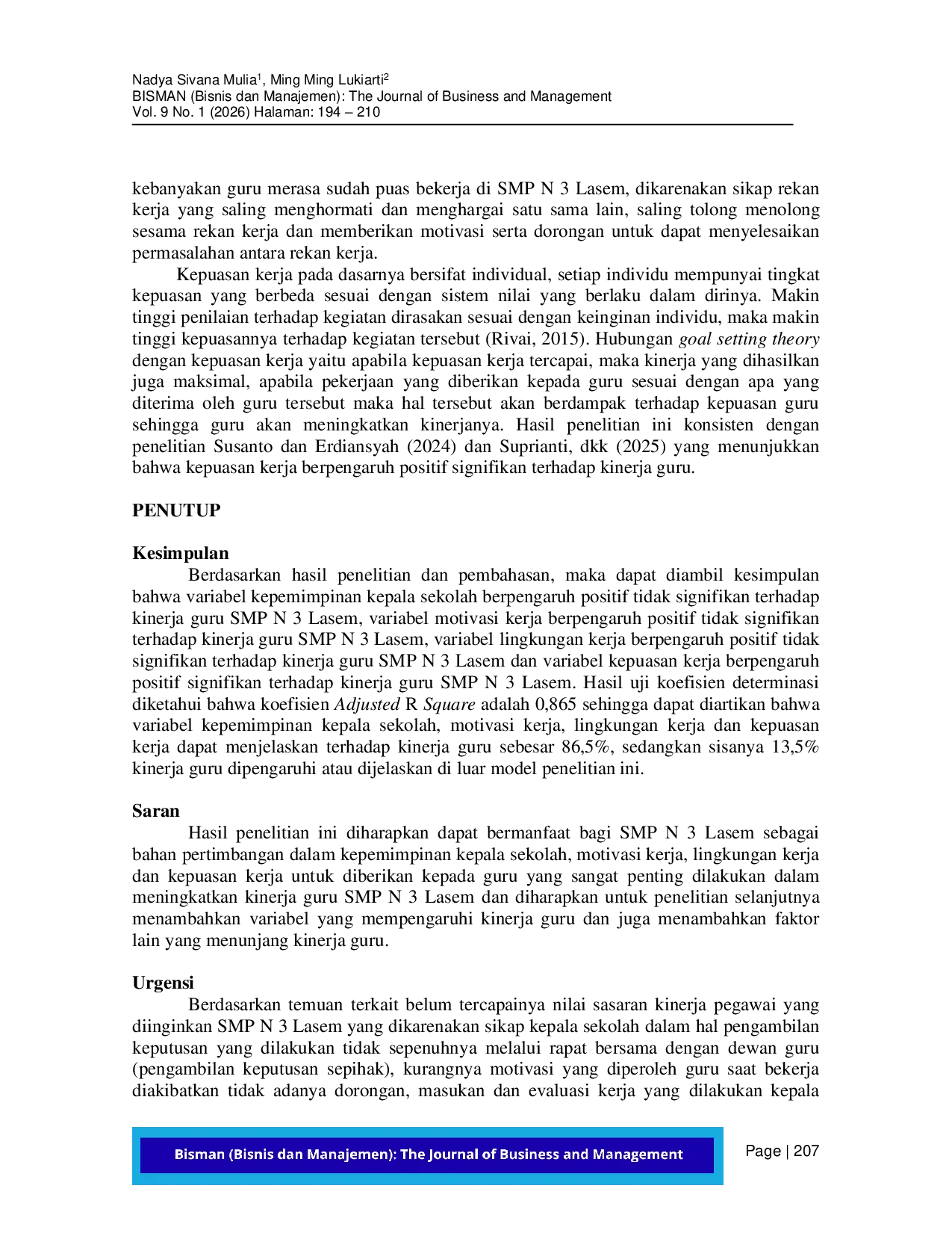 JURIS Pengaruh Kepemimpinan Kepala Sekolah Motivasi Kerja Lingkungan Kerja dan Kepuasan Kerja Terhadap Kinerja Guru SMP N 3 Lasem