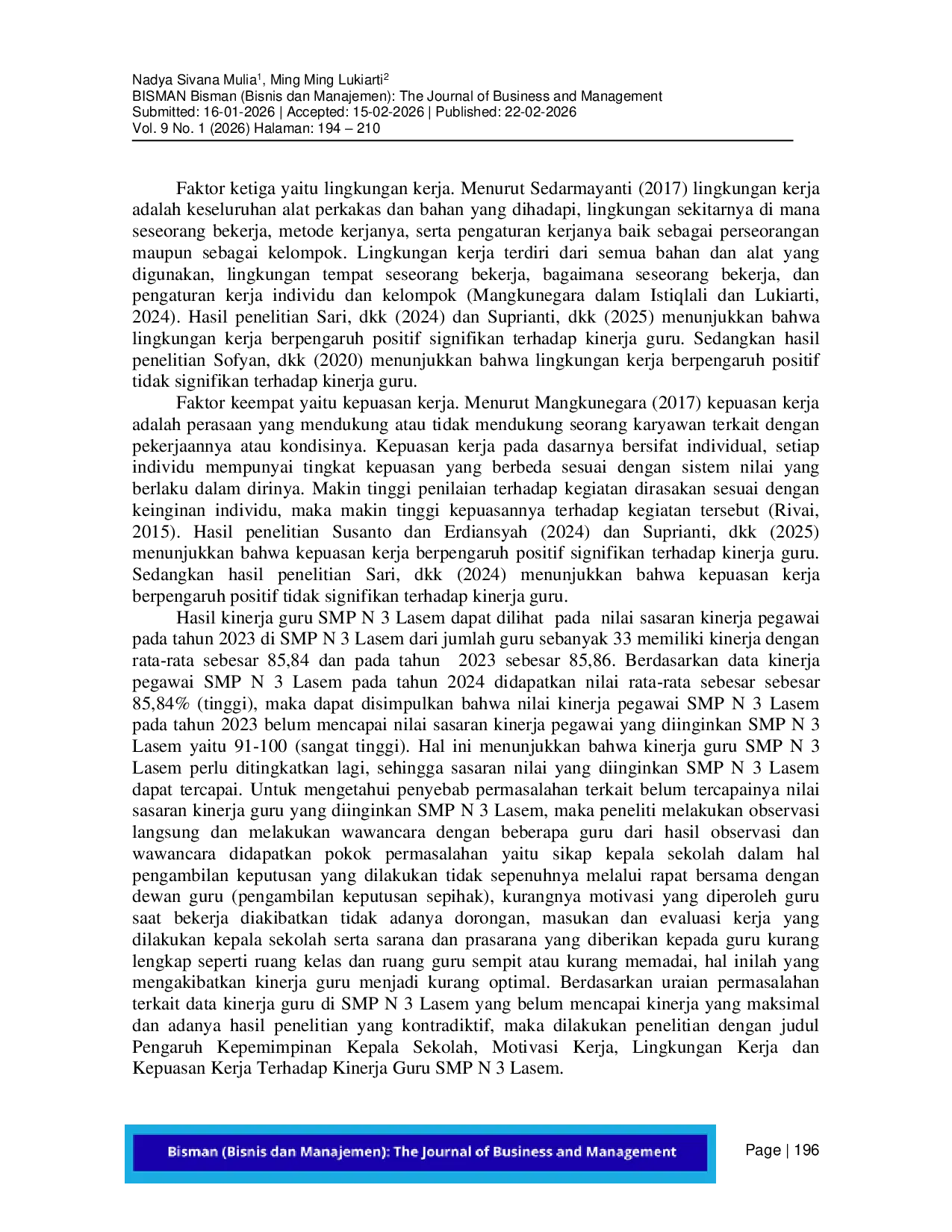 JURIS Pengaruh Kepemimpinan Kepala Sekolah Motivasi Kerja Lingkungan Kerja dan Kepuasan Kerja Terhadap Kinerja Guru SMP N 3 Lasem