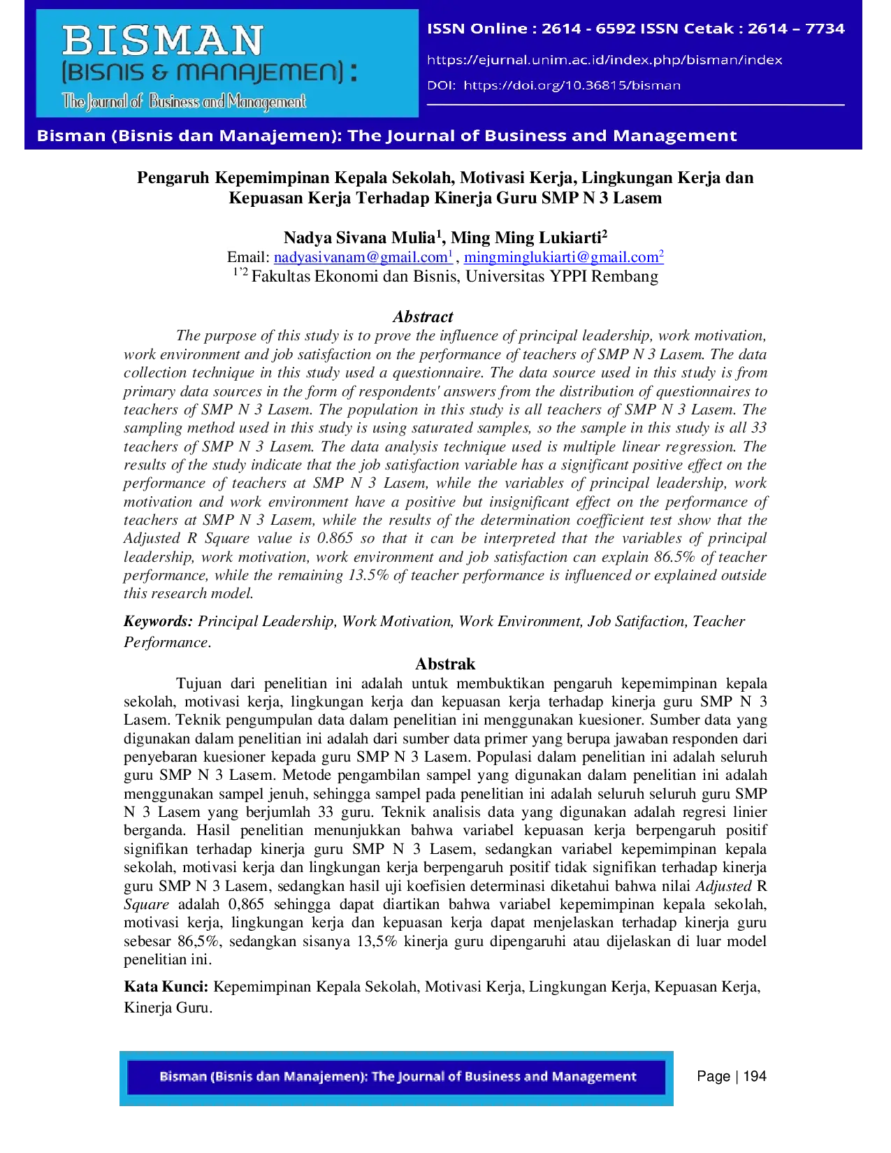 JURIS Pengaruh Kepemimpinan Kepala Sekolah Motivasi Kerja Lingkungan Kerja dan Kepuasan Kerja Terhadap Kinerja Guru SMP N 3 Lasem