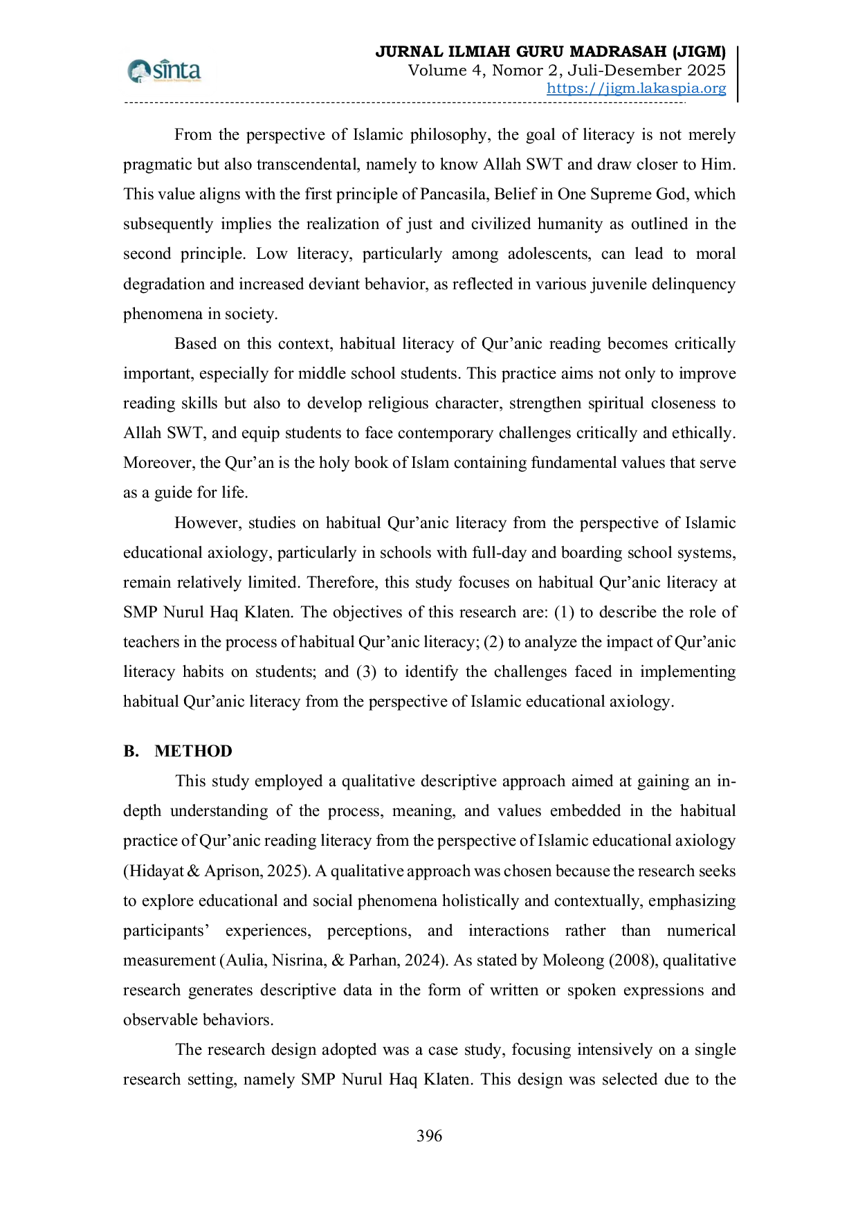 JURIS The Axiology of Islamic Education in the Habitual Literacy of Qur anic Reading at SMP Nurul HAQ Klaten