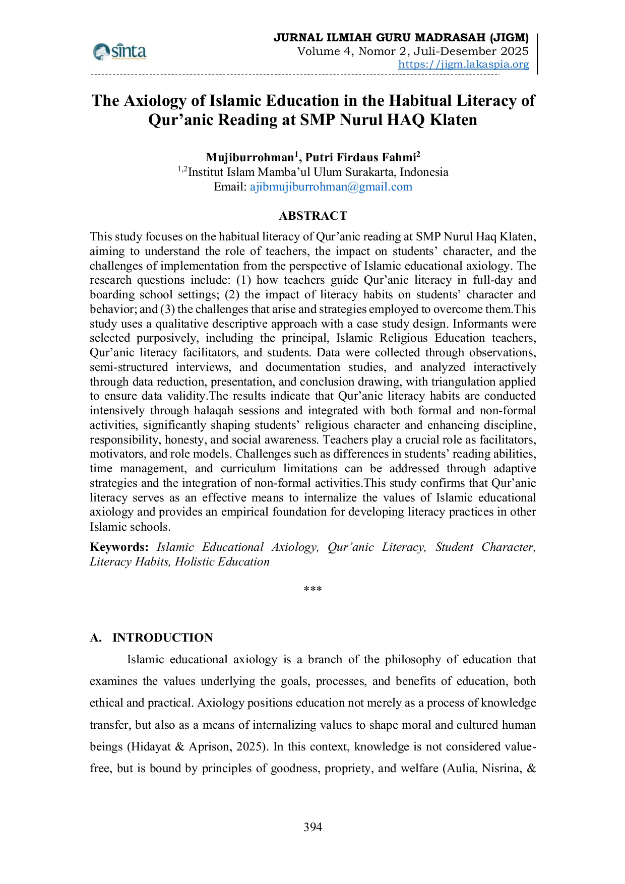 JURIS The Axiology of Islamic Education in the Habitual Literacy of Qur anic Reading at SMP Nurul HAQ Klaten