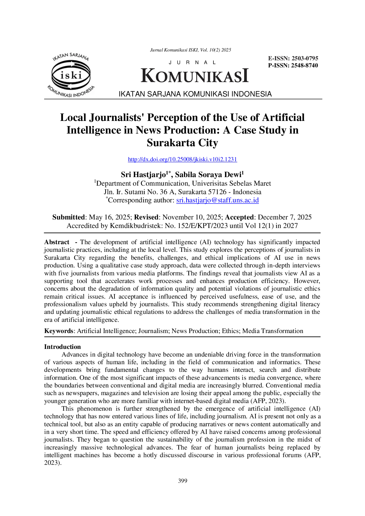JURIS Local Journalists Perception of the Use of Artificial Intelligence in News Production A Case Study in Surakarta City