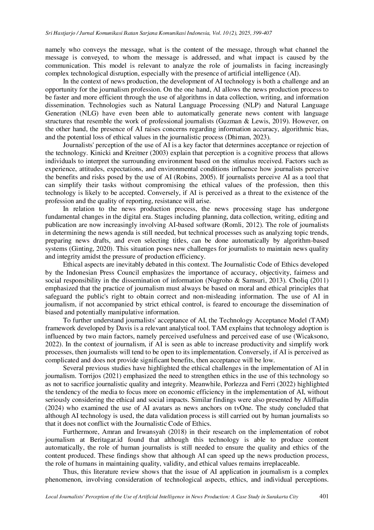 JURIS Local Journalists Perception of the Use of Artificial Intelligence in News Production A Case Study in Surakarta City