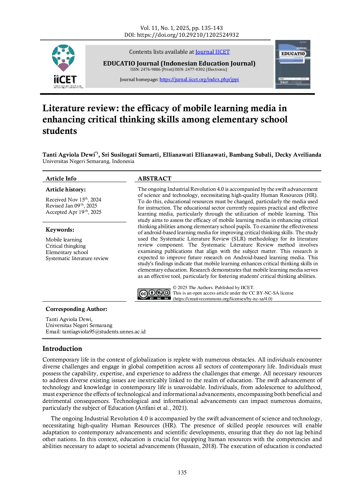 JURIS Literature review the efficacy of mobile learning media in enhancing critical thinking skills among elementary school students