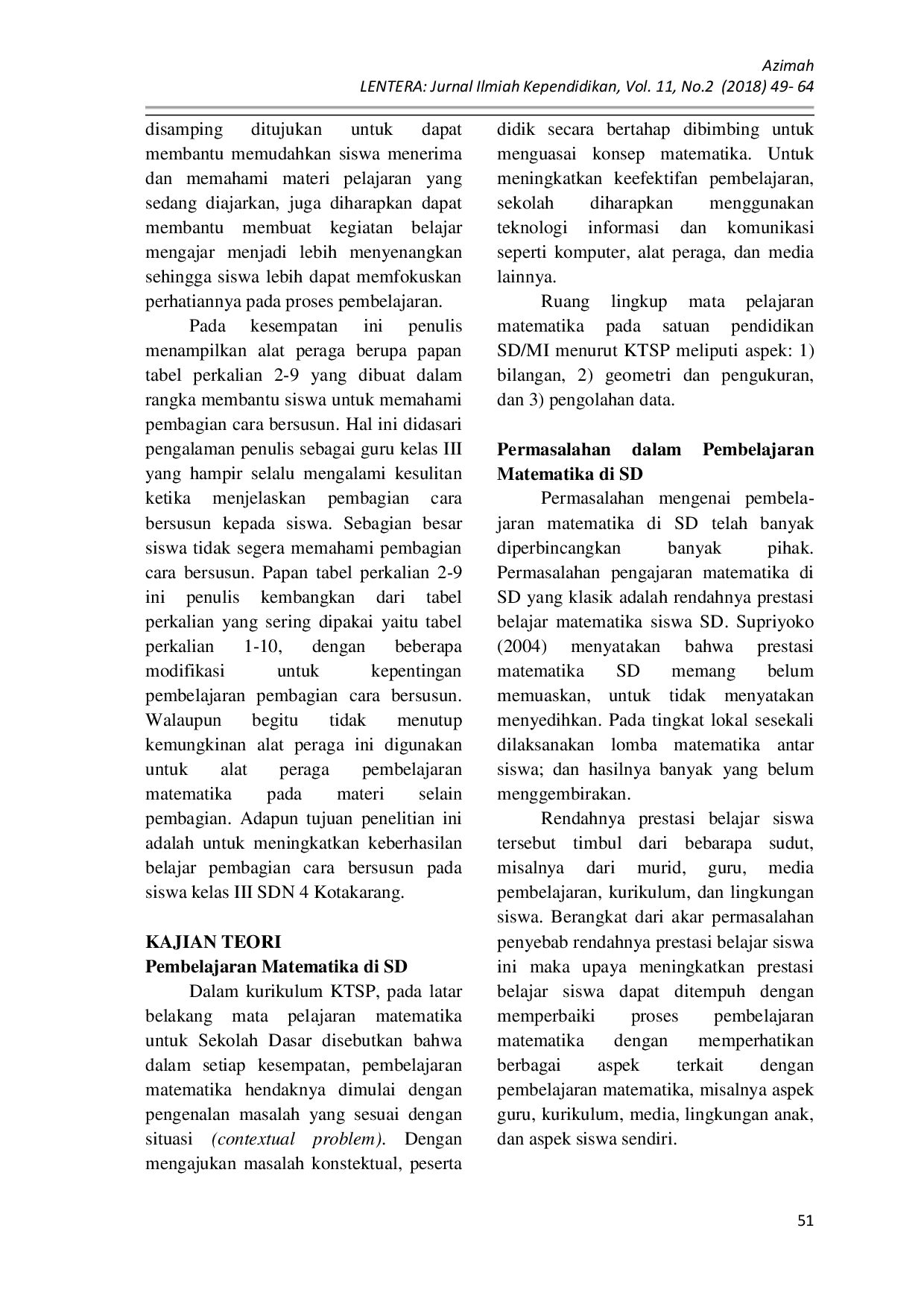 JURIS Penggunaan Alat Peraga Tabel Perkalian 2 9 dalam Meningkatkan Keberhasilan Belajar Siswa Kelas III SDN 4 Kotakarang