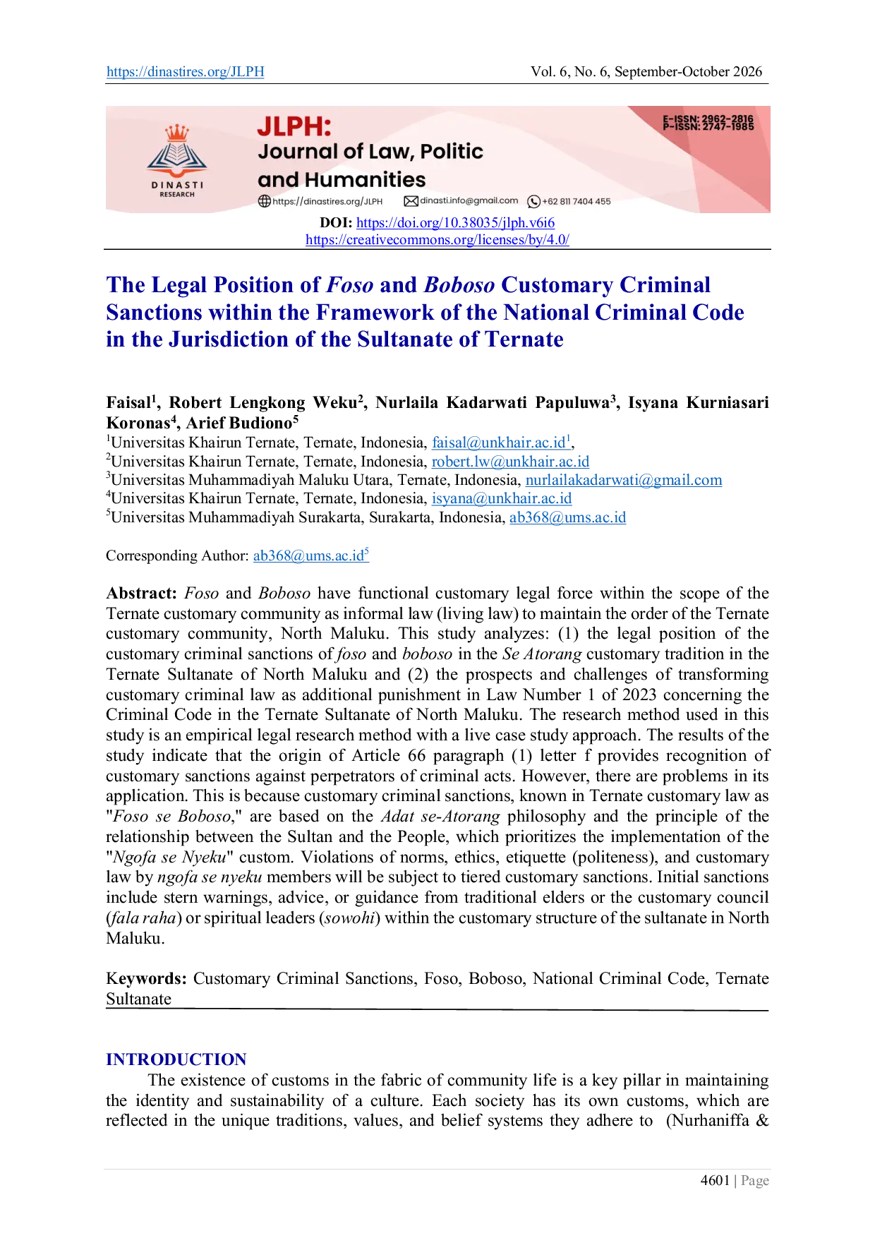 JURIS The Legal Position of Foso and Boboso Customary Criminal Sanctions within the Framework of the National Criminal Code in the Jurisdiction of the Sultanate of Ternate