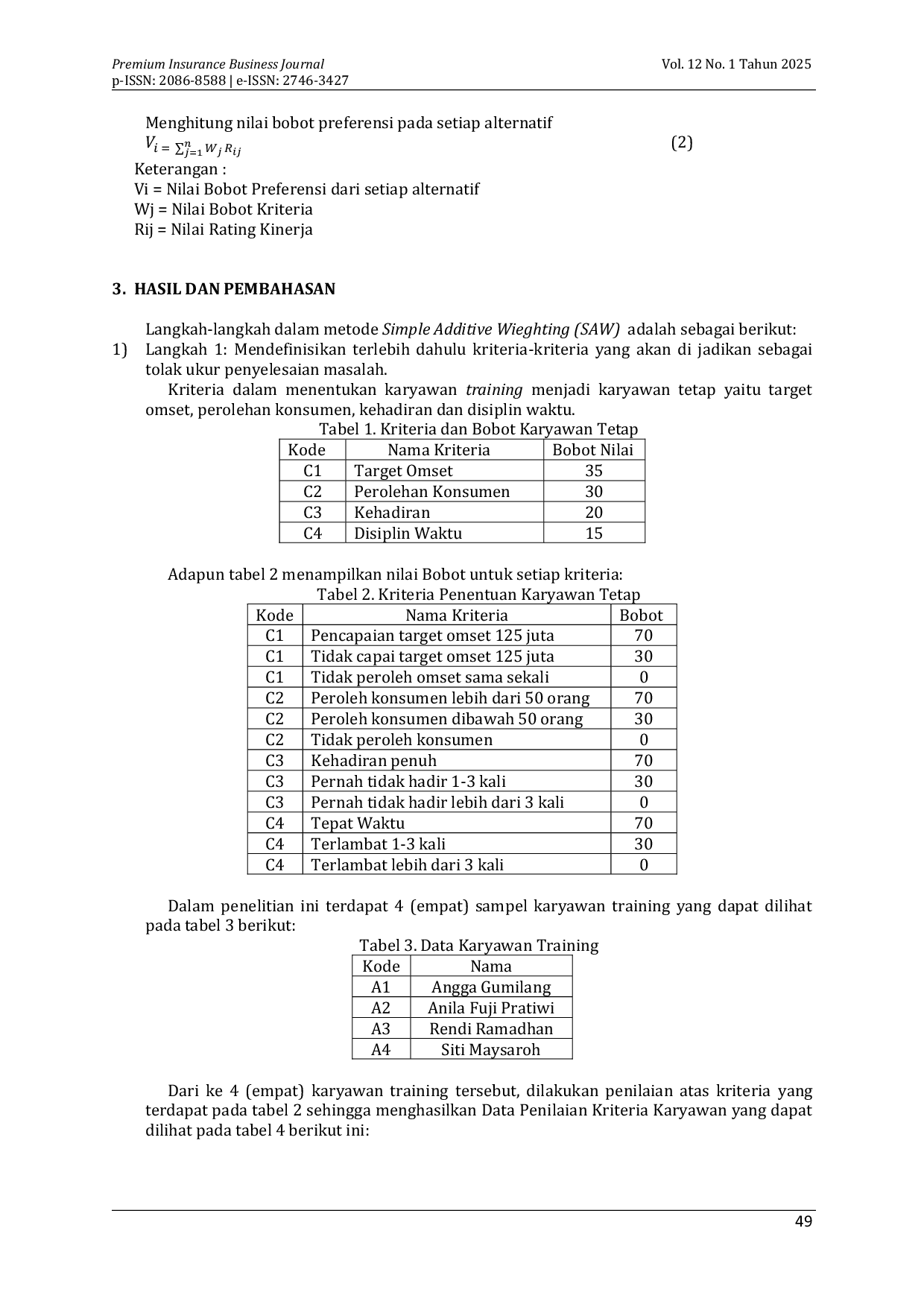 JURIS Sistem Pendukung Keputusan Penentuan Karyawan Tetap Menggunakan Metode Simpel Additive Weight SAW Pada PT Expektasi Global Indonesia