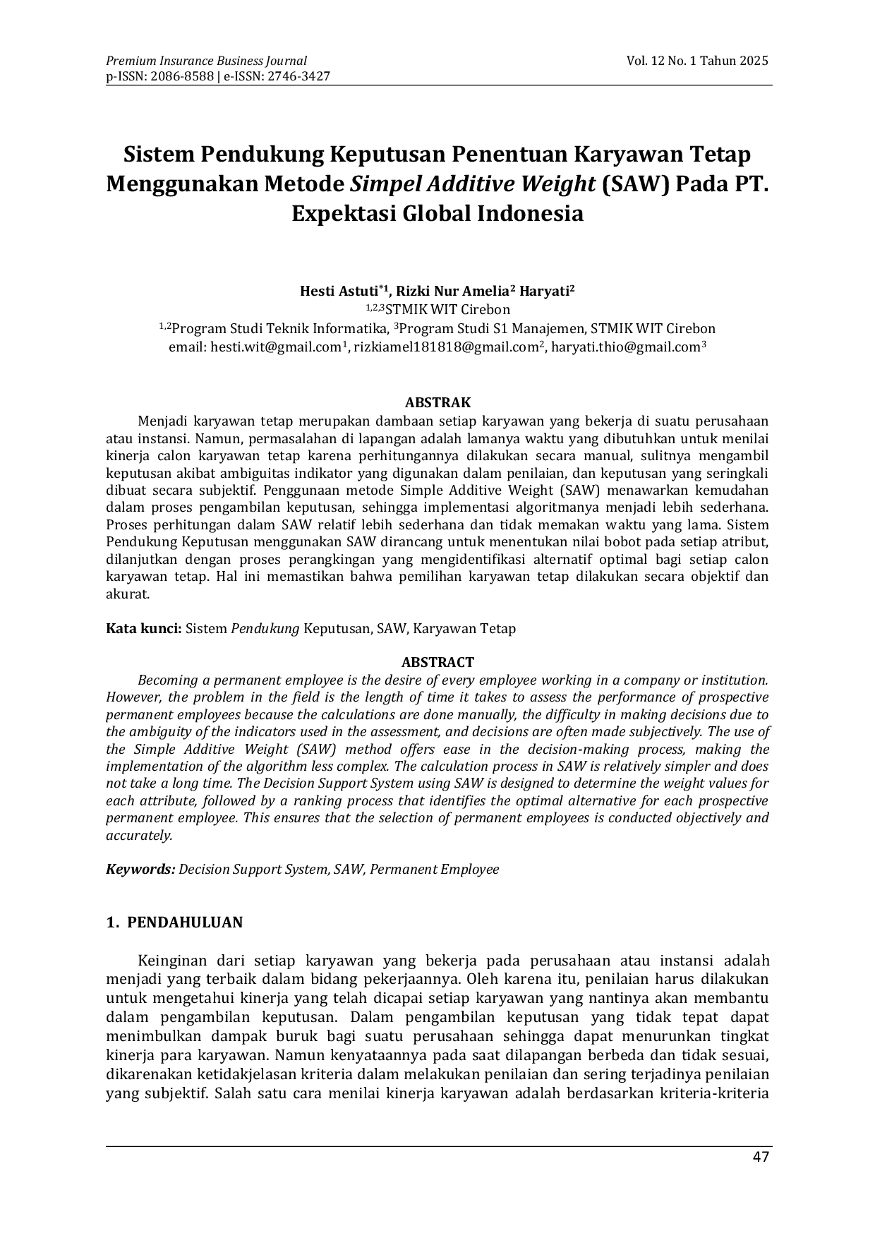 JURIS Sistem Pendukung Keputusan Penentuan Karyawan Tetap Menggunakan Metode Simpel Additive Weight SAW Pada PT Expektasi Global Indonesia