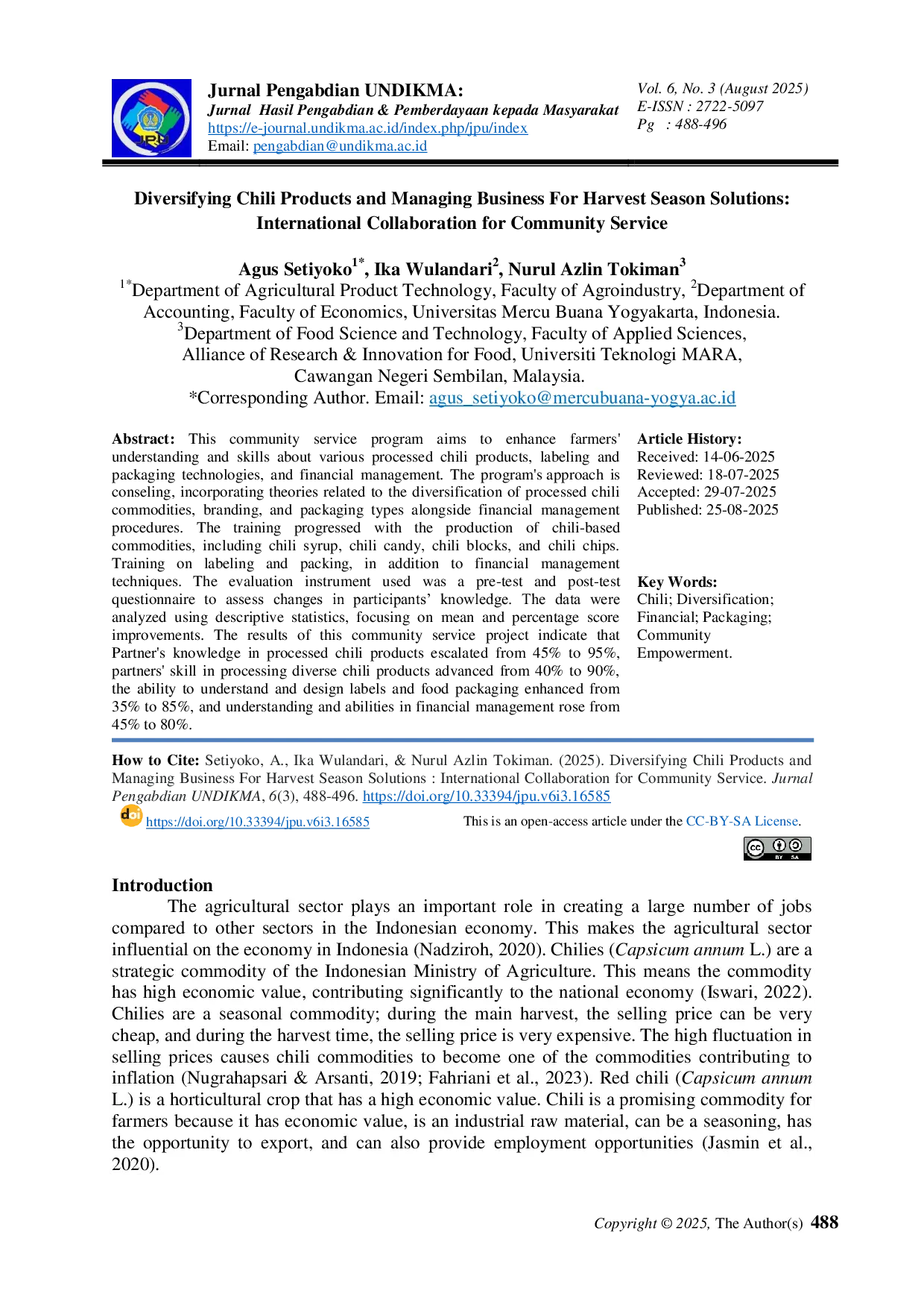JURIS Diversifying Chili Products and Managing Business For Harvest Season Solutions International Collaboration for Community Service