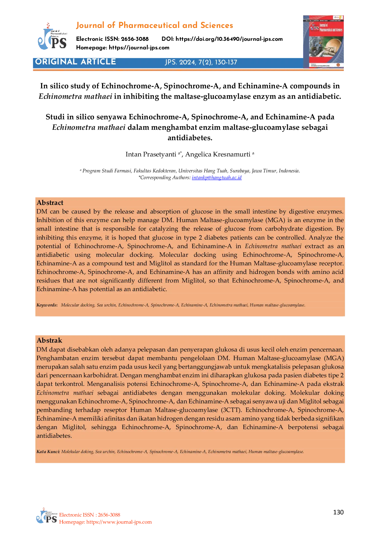 JURIS In silico study of Echinochrome A Spinochrome A and Echinamine A compounds in Echinometra mathaei in inhibiting the maltase glucoamylase enzym as an antidiabetic