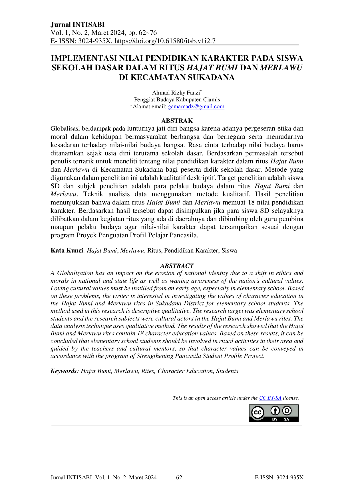 JURIS Implementasi Nilai Pendidikan Karakter Pada Siswa Sekolah Dasar Dalam Ritus Hajat Bumi Dan Merlawu Di Kecamatan Sukadana