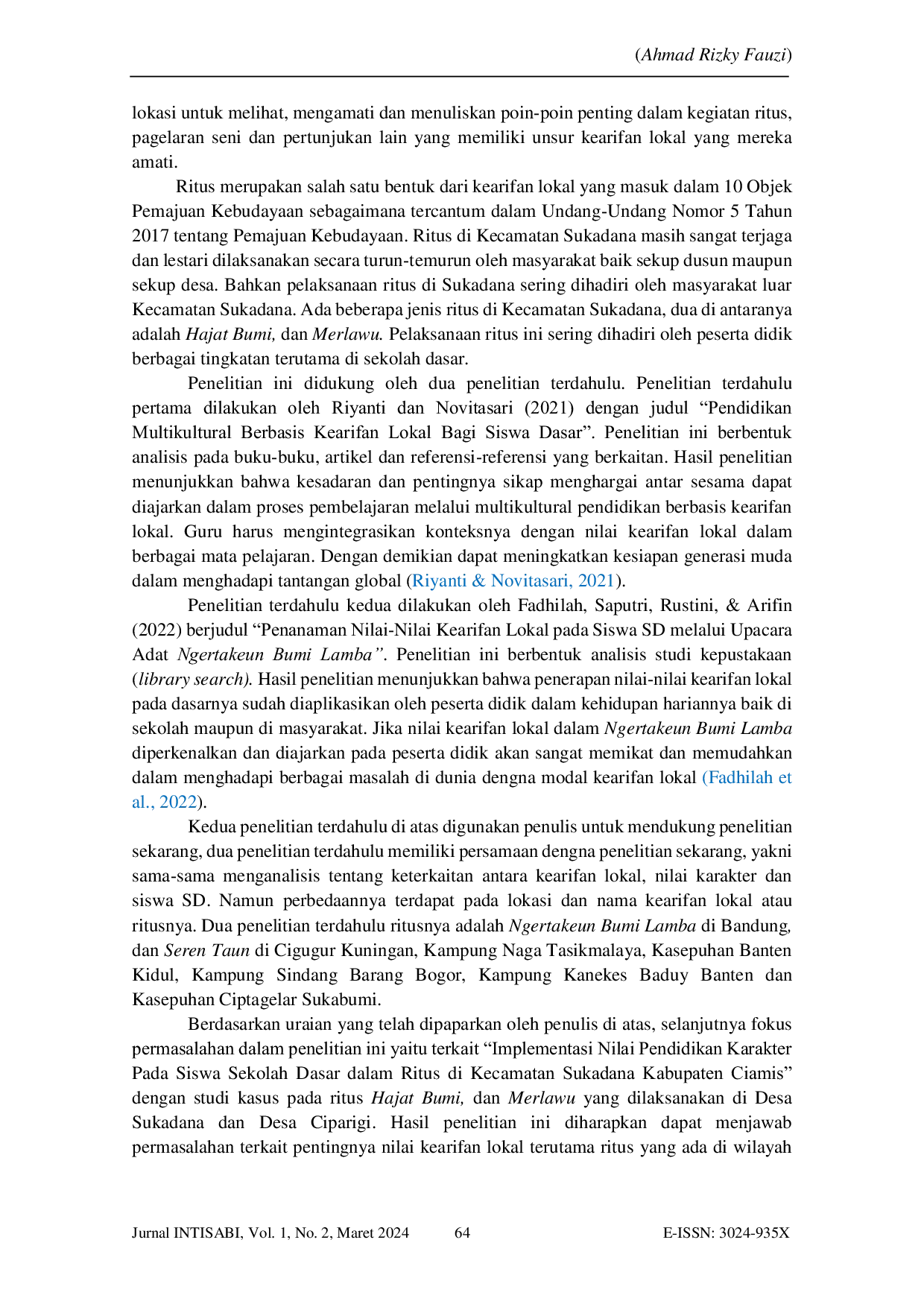 JURIS Implementasi Nilai Pendidikan Karakter Pada Siswa Sekolah Dasar Dalam Ritus Hajat Bumi Dan Merlawu Di Kecamatan Sukadana