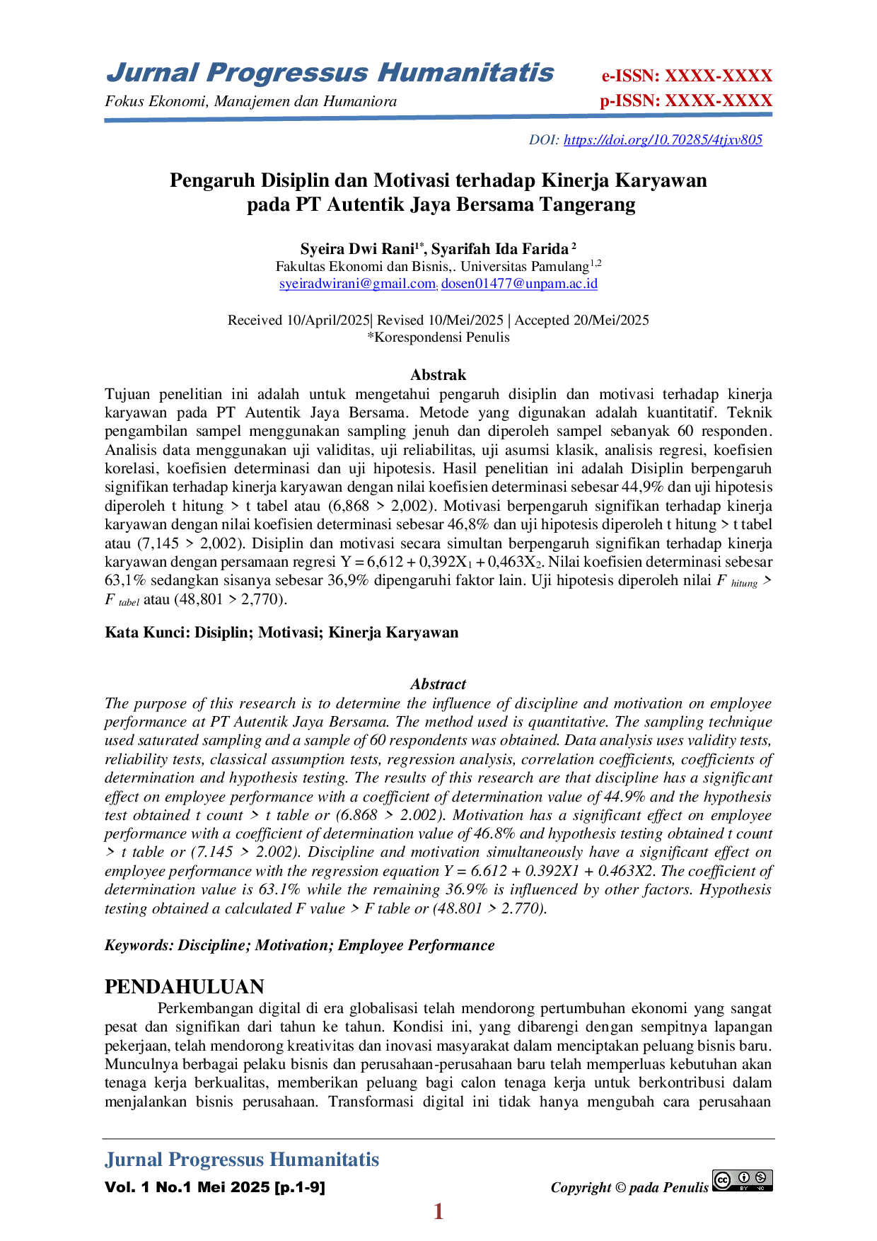 JURIS Pengaruh Disiplin dan Motivasi terhadap Kinerja Karyawan pada PT Autentik Jaya Bersama Tangerang