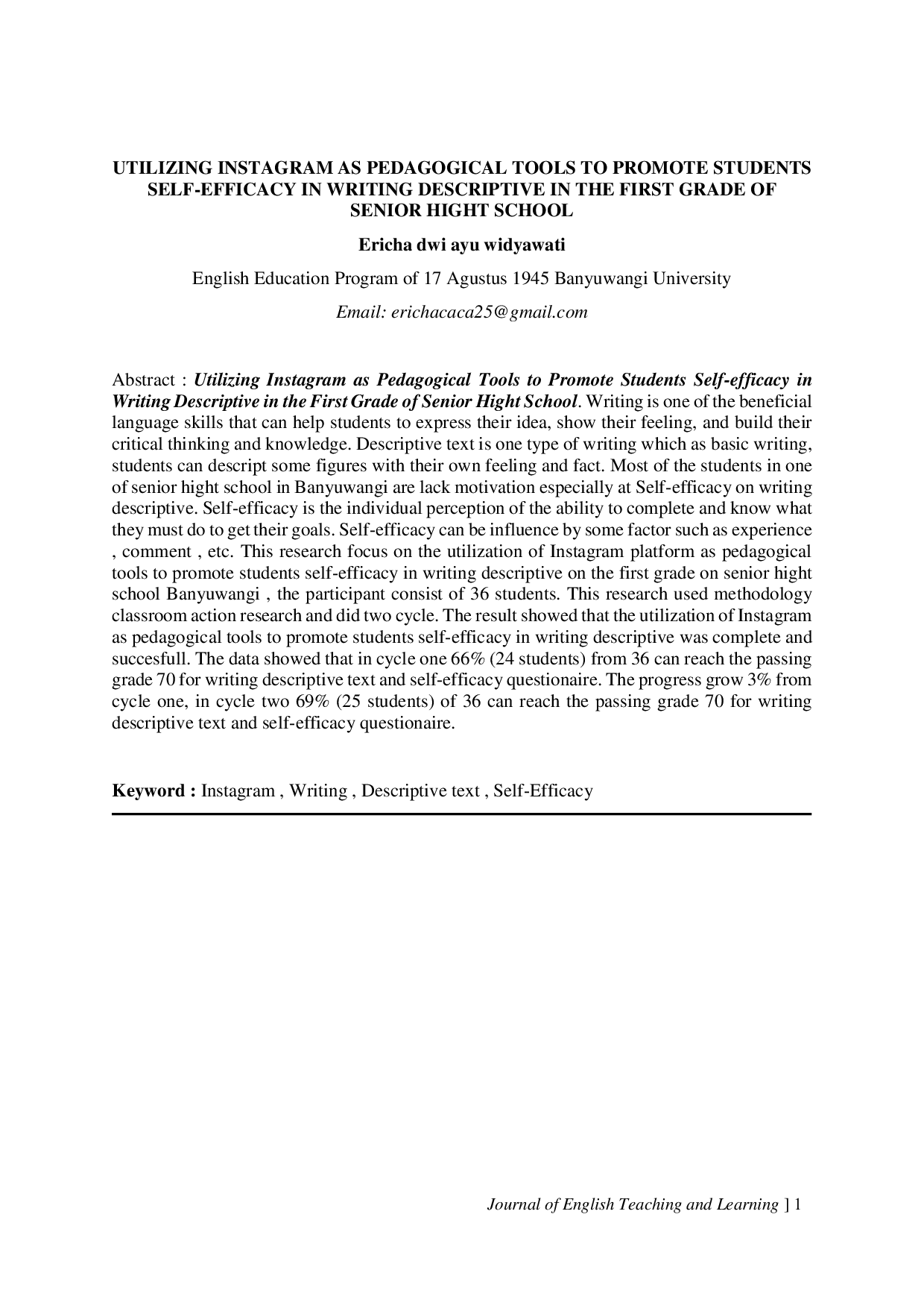 JURIS Utilizing Instagram As Pedagogical Tools To Promote Students Self Efficacy In Writing Descriptive In The First Grade Of Senior Hight School