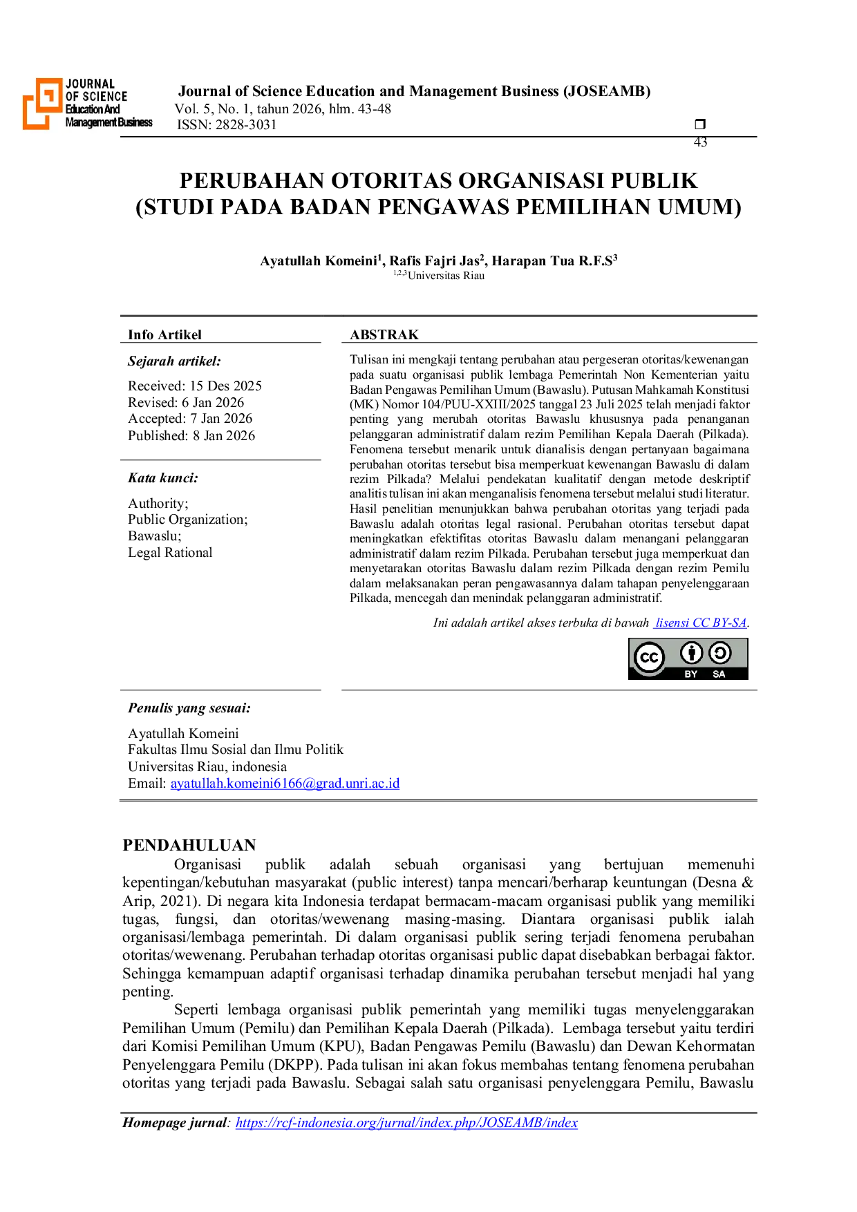 JURIS Perubahan Otoritas Organisasi Publik Studi Pada Badan Pengawas Pemilihan Umum