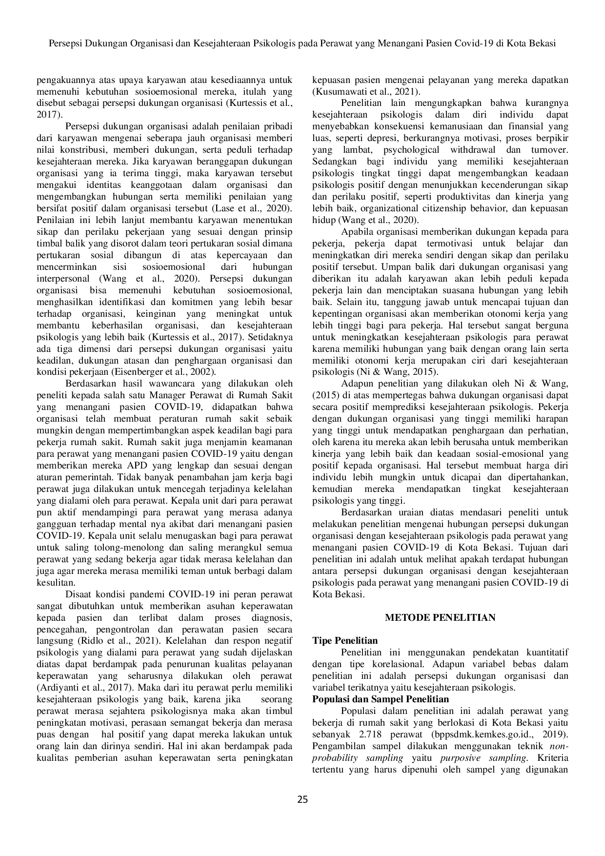 JURIS Persepsi Dukungan Organisasi dan Kesejahteraan Psikologis pada Perawat yang Menangani Pasien Covid 19 di Kota Bekasi Annisa Sulistiawanti Rika Fitriyana
