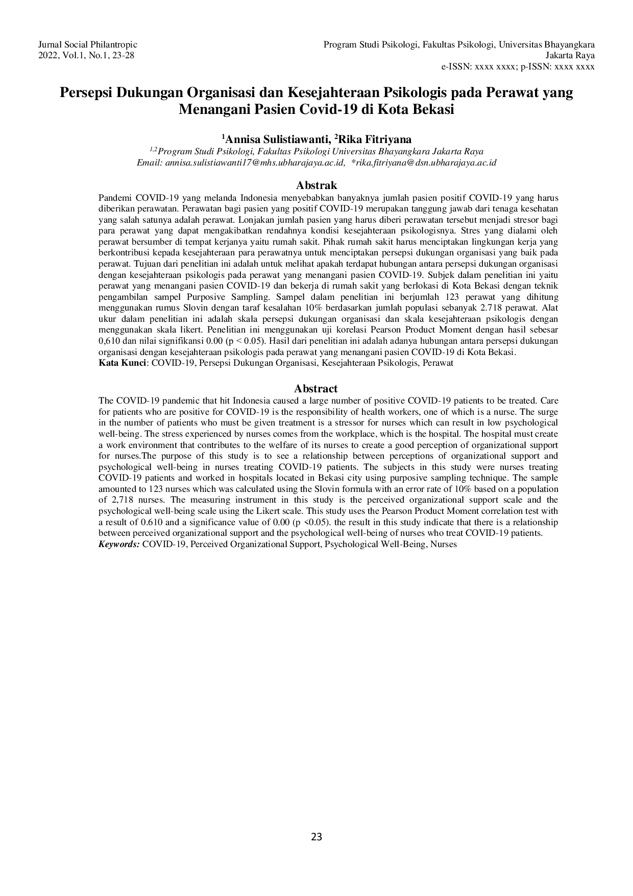 JURIS Persepsi Dukungan Organisasi dan Kesejahteraan Psikologis pada Perawat yang Menangani Pasien Covid 19 di Kota Bekasi Annisa Sulistiawanti Rika Fitriyana