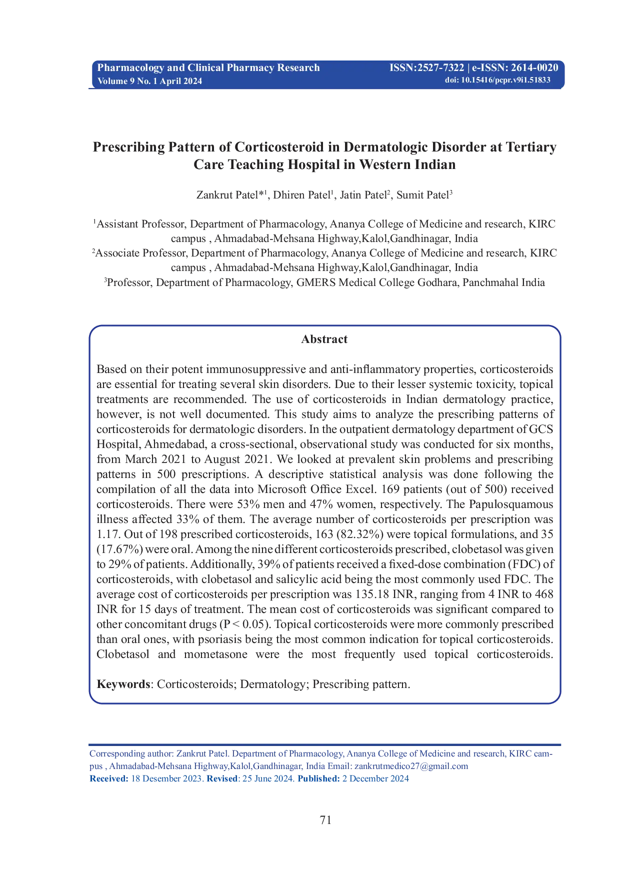 JURIS Prescribing Pattern of Corticosteroid in Dermatologic Disorder at Tertiary Care Teaching Hospital in Western Indian