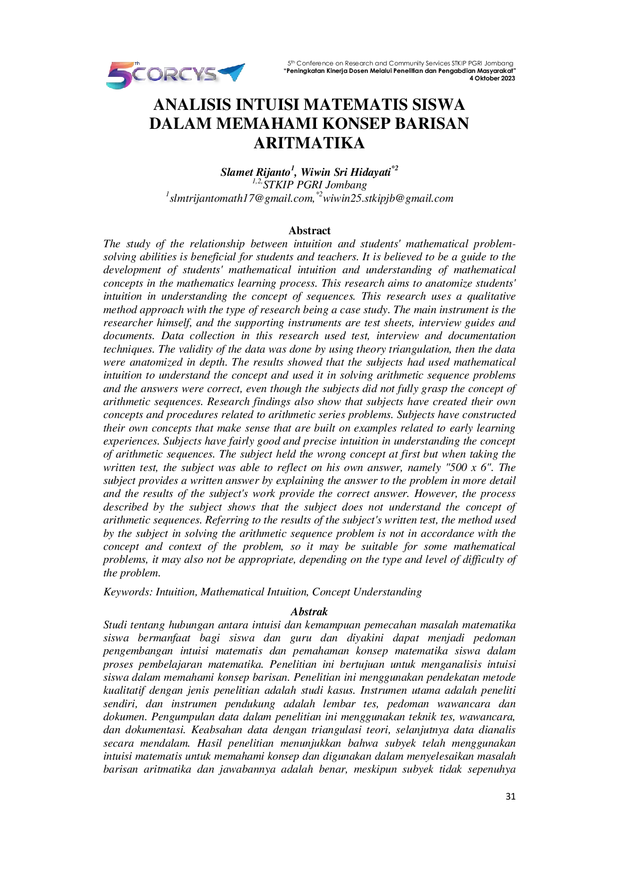 JURIS Analisis Intuisi Matematis Siswa Dalam Memahami Konsep Barisan Aritmatika
