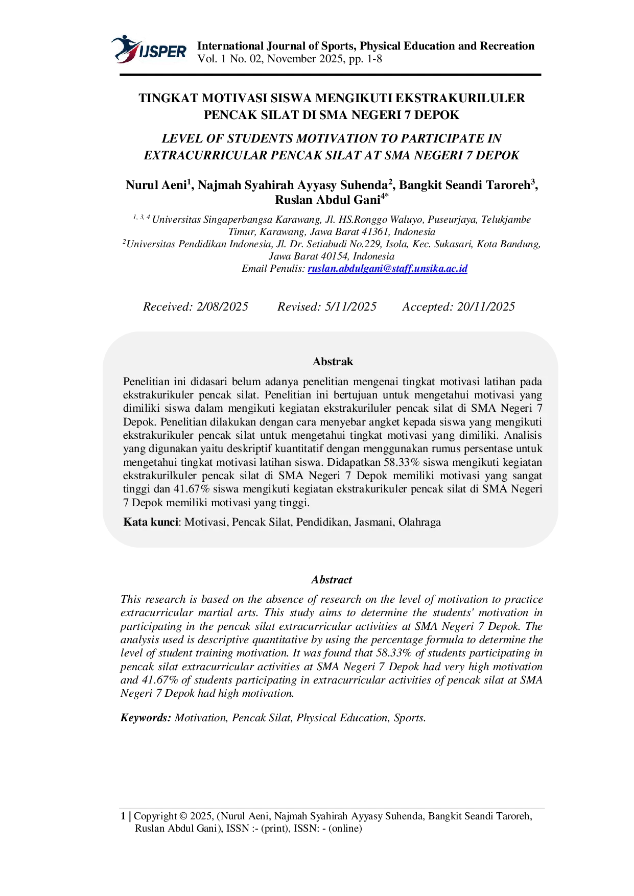 JURIS Tingkat Motivasi Siswa Mengikuti Ekstrakurikuler Pencak Silat di SMA Negeri 7 Depok