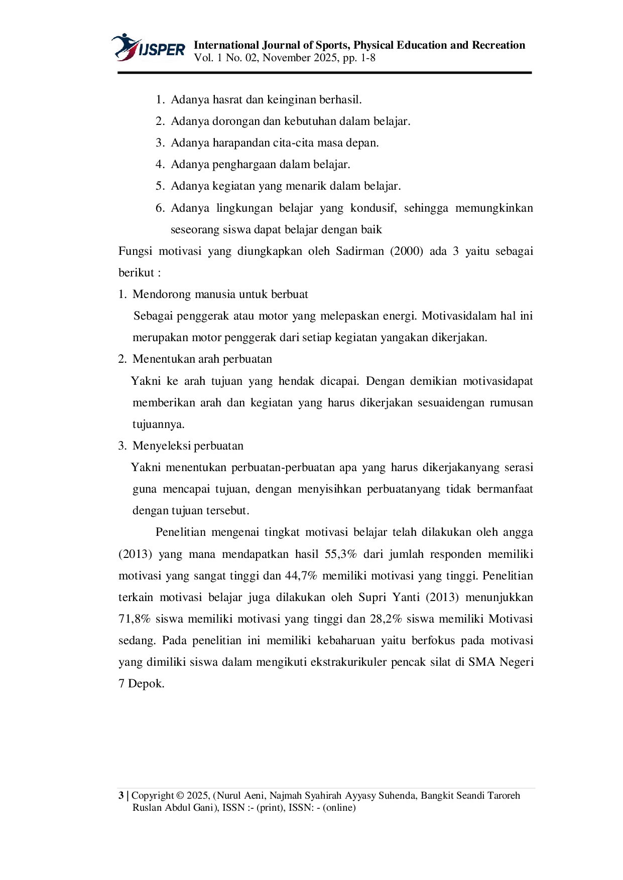 JURIS Tingkat Motivasi Siswa Mengikuti Ekstrakurikuler Pencak Silat di SMA Negeri 7 Depok