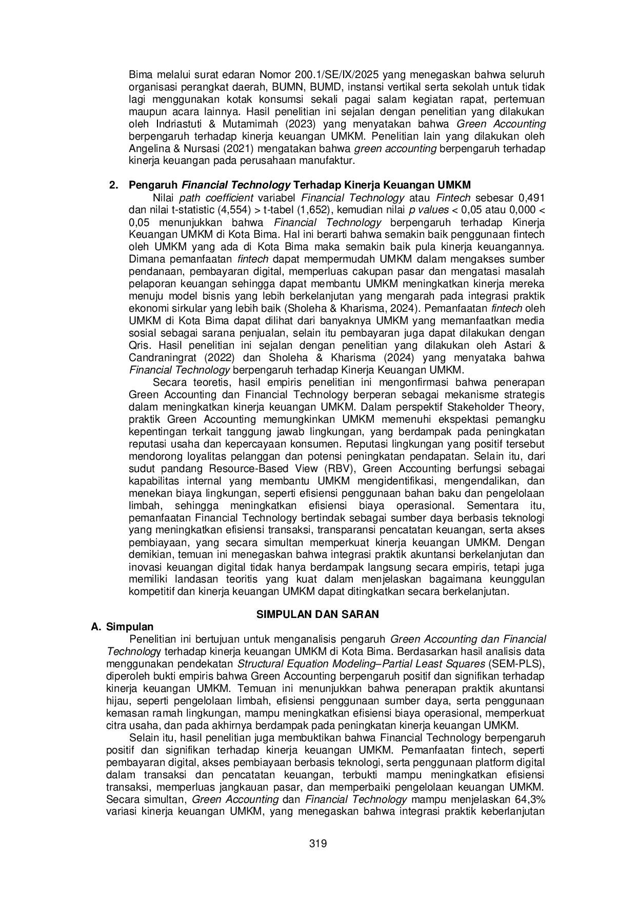 JURIS The Influence Of Green Accounting And Financial Technologyon Financial Perfprmance Of MSMEs In Bima City