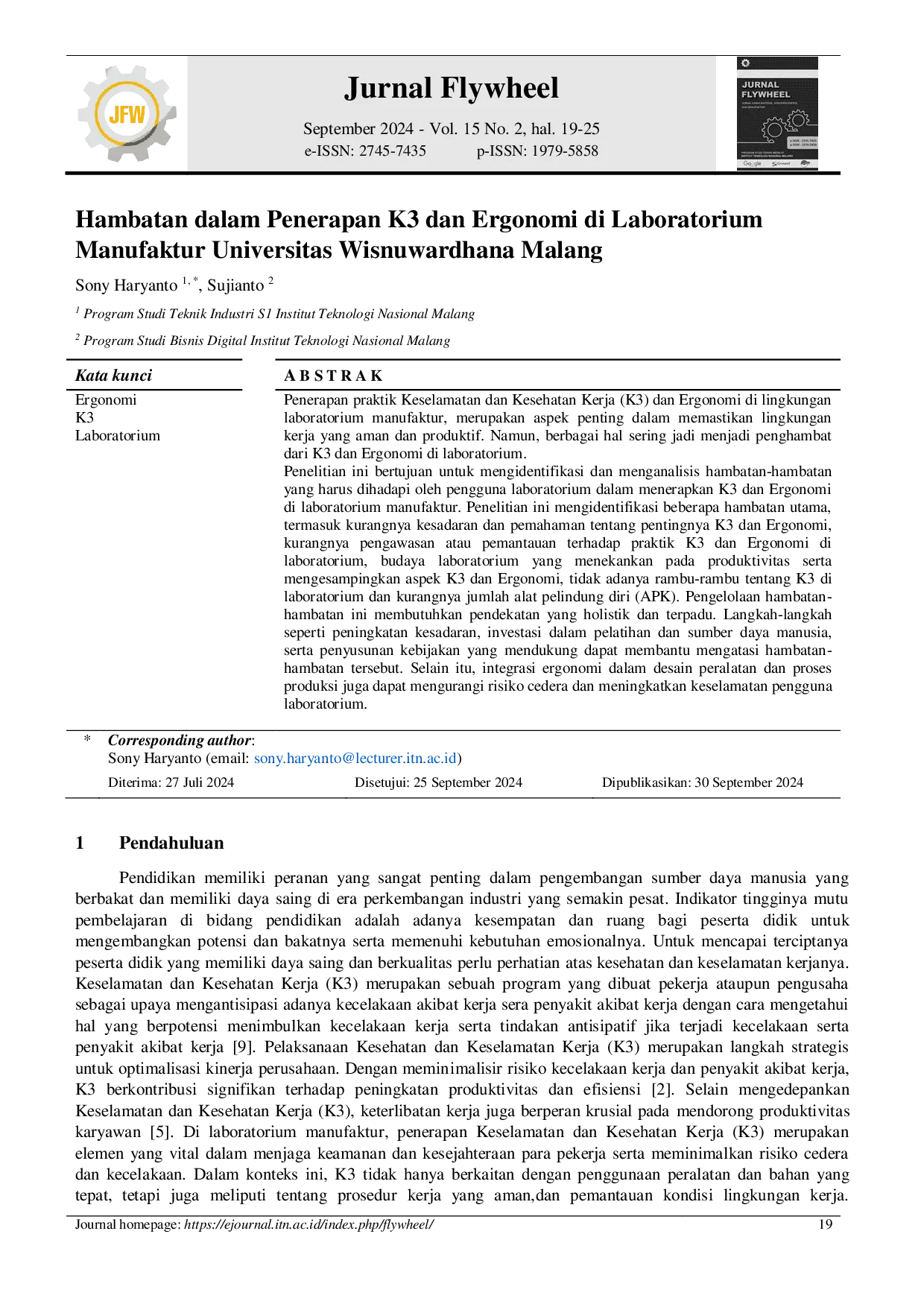 JURIS Hambatan dalam Penerapan K3 dan Ergonomi di Laboratorium Manufaktur Universitas Wisnuwardhana Malang