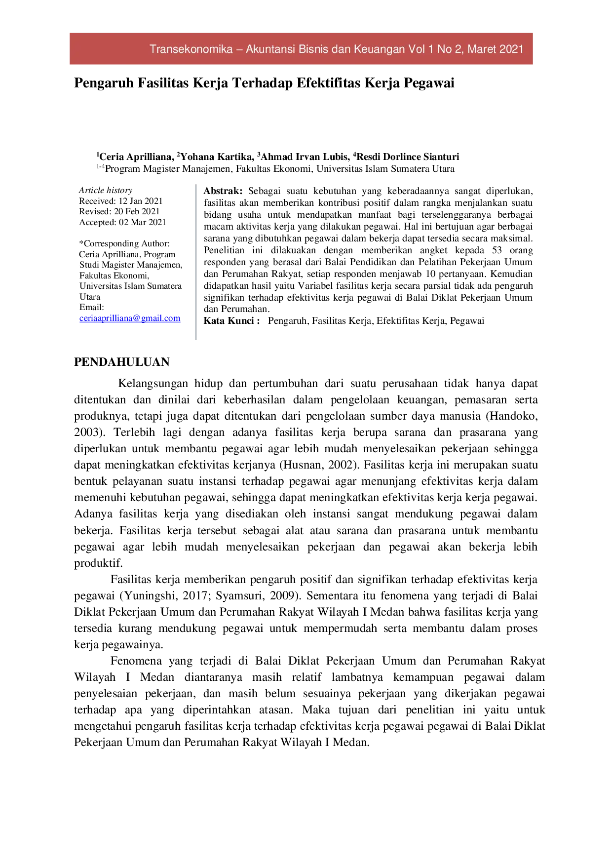 JURIS Pengaruh Fasilitas Kerja Terhadap Efektifitas Kerja Pegawai