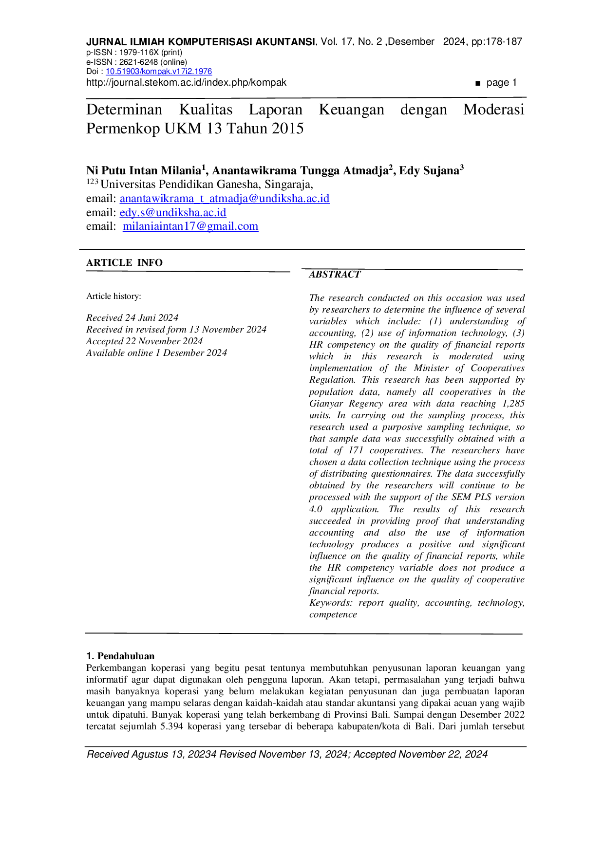 JURIS Determinan Kualitas Laporan Keuangan dengan Moderasi Permenkop UKM 13 Tahun 2015