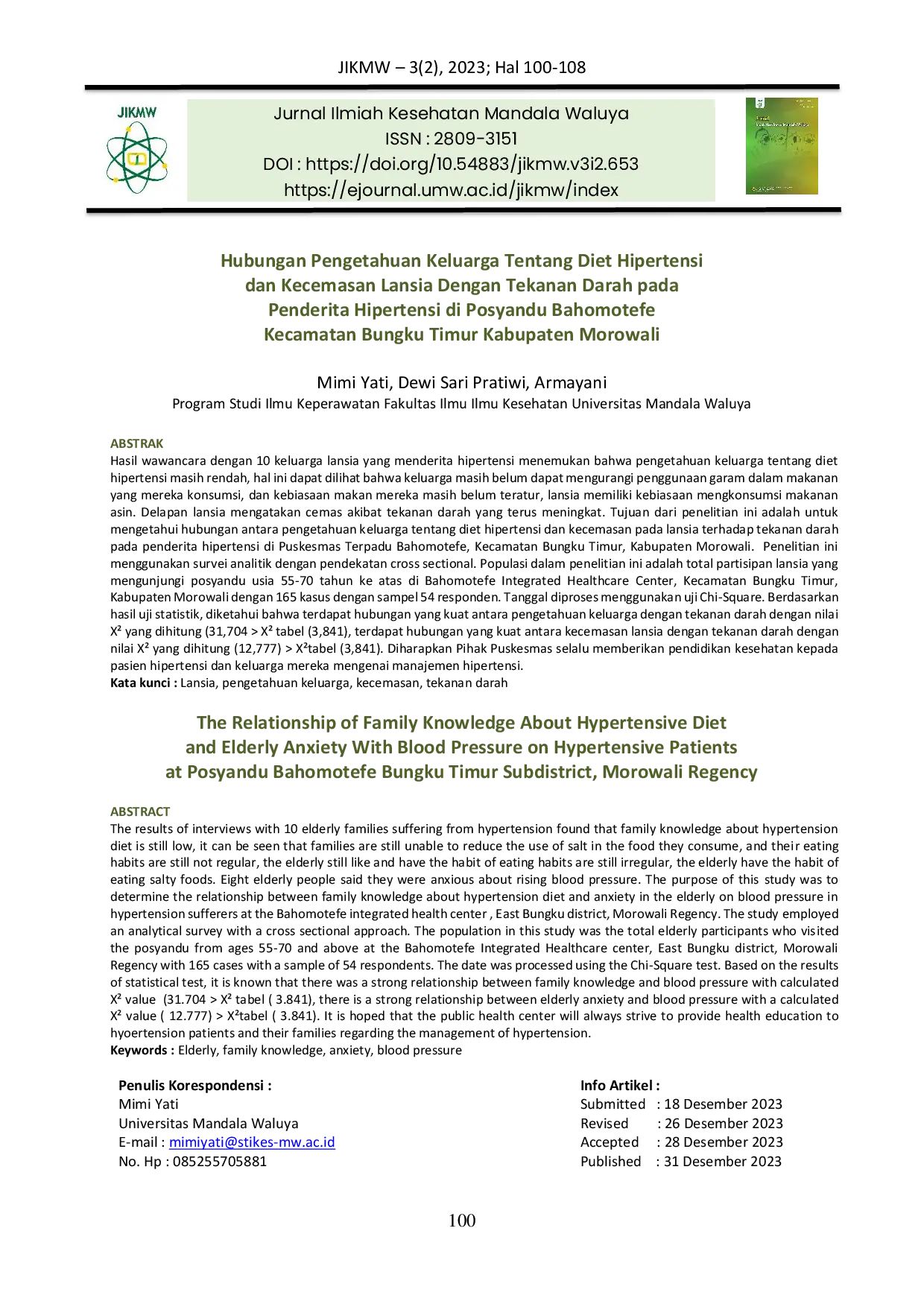 JURIS Hubungan Pengetahuan Keluarga Tentang Diet Hipertensi dan Kecemasan Lansia Dengan Tekanan Darah Pada Penderita Hipertensi di Posyandu Bahomotefe Kecamatan Bungku Timur Kabupaten Morowali