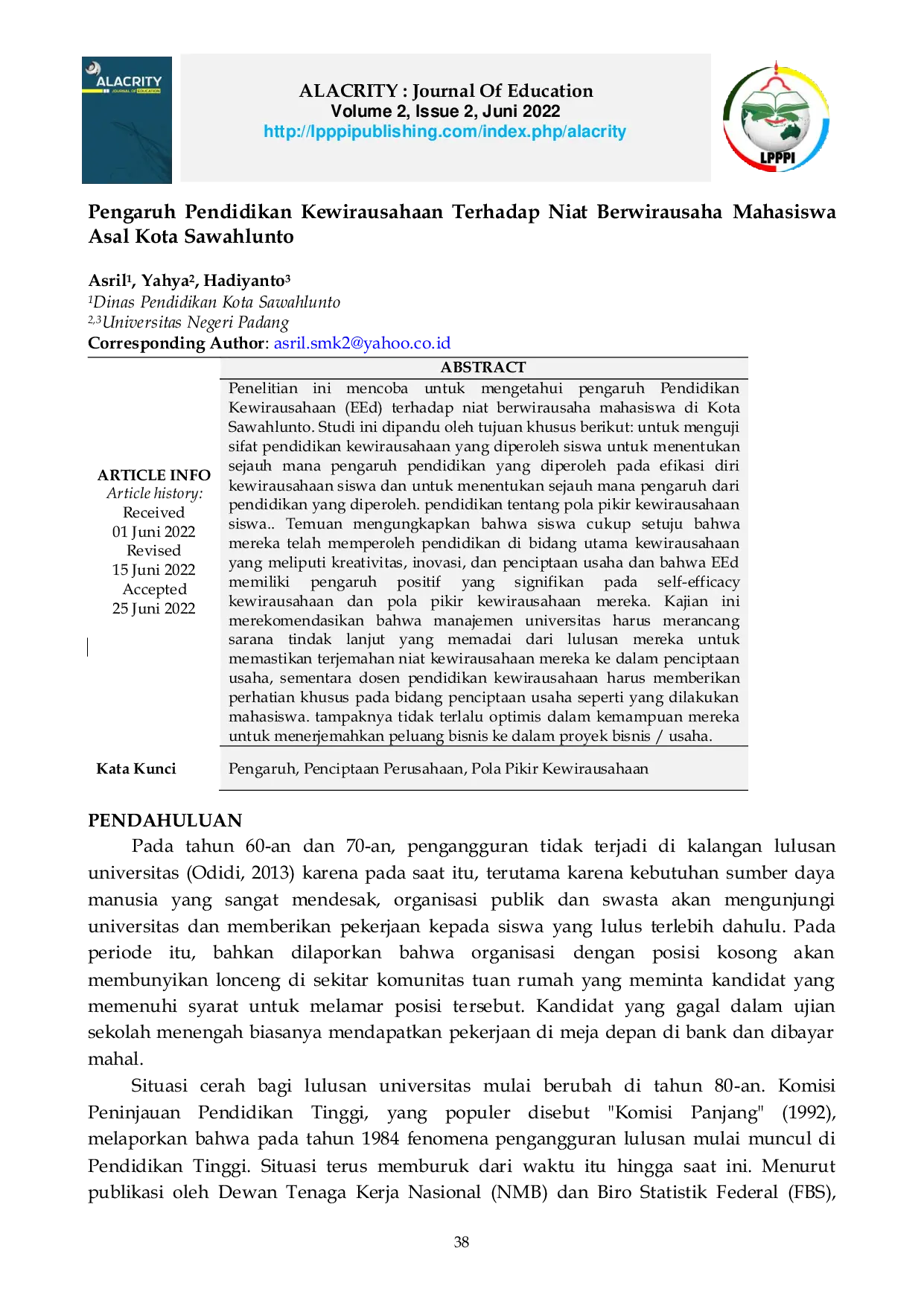 JURIS Pengaruh Pendidikan Kewirausahaan Terhadap Niat Berwirausaha Mahasiswa Asal Kota Sawahlunto