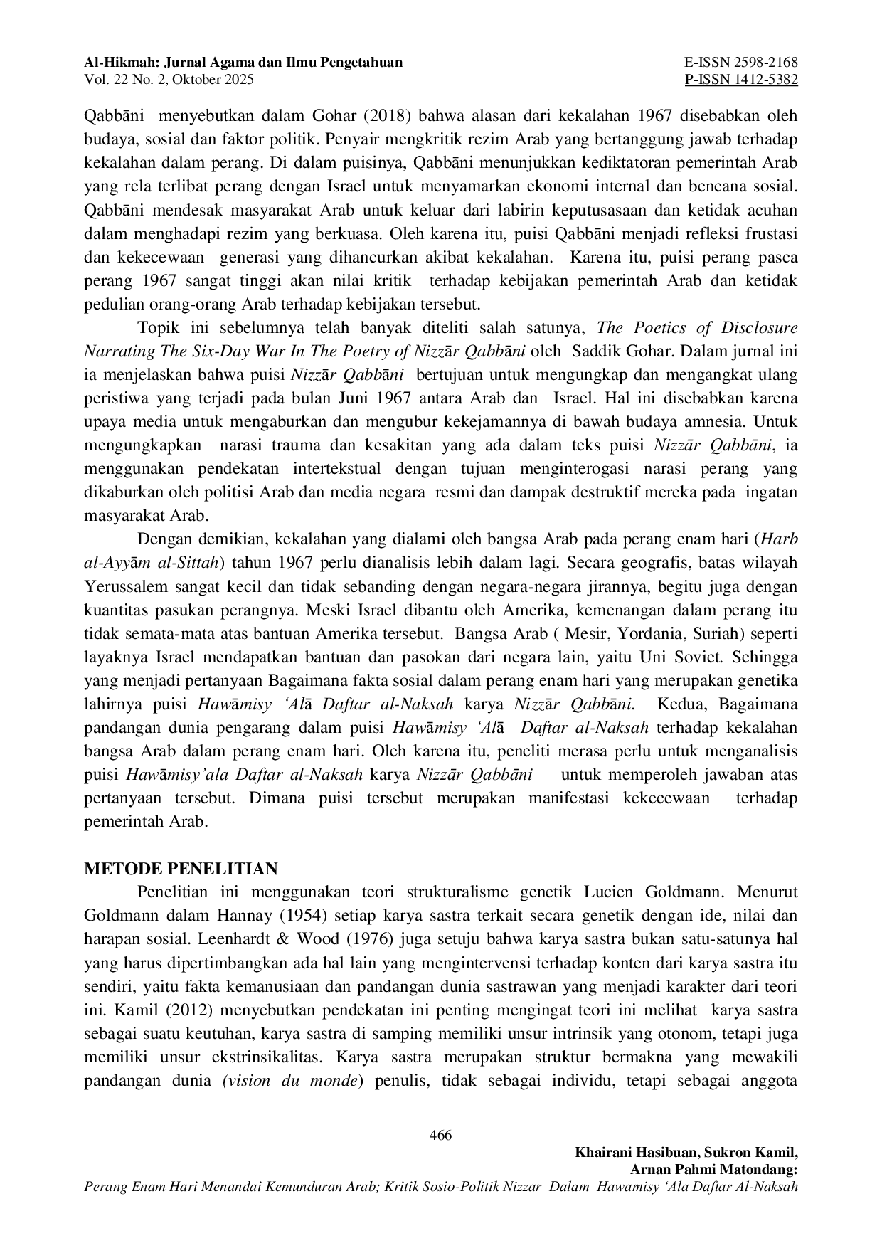 JURIS Perang Enam Hari Menandai Kemunduran Arab Kritik Sosio Politik Nizzar Dalam Hawamisy Ala Daftar Al Naksah
