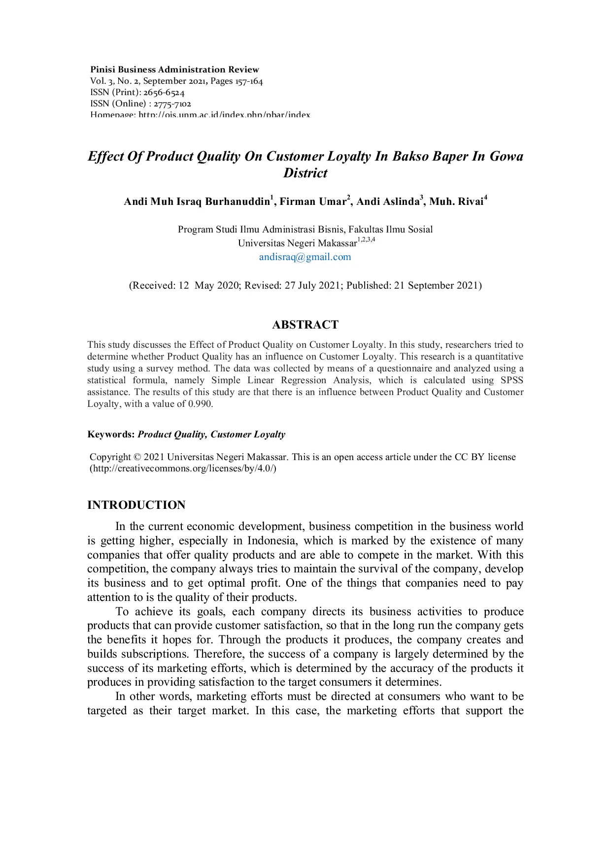 JURIS Effect Of Product Quality On Customer Loyalty In Bakso Baper In Gowa District