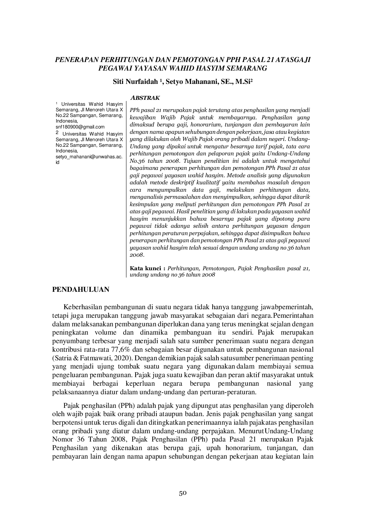 JURIS Penerapan Perhitungan Dan Pemotongan Pph Pasal 21 Atas Gaji Pegawai Yayasan Wahid Hasyim Semarang