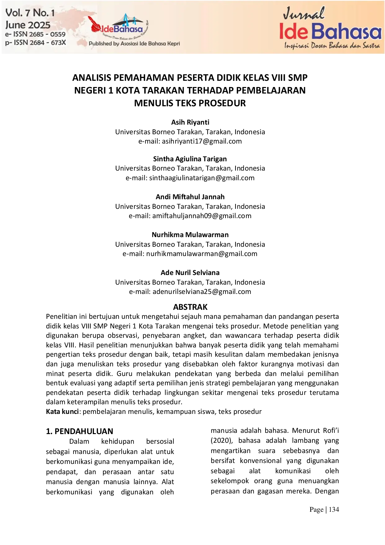 JURIS Analisis Pemahaman Peserta Didik Kelas VIII SMP Negeri 1 Kota Tarakan Terhadap Pembelajaran Menulis Teks Prosedur