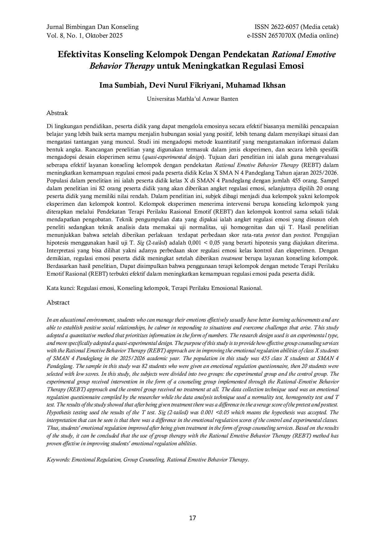 JURIS Efektivitas Konseling Kelompok Dengan Pendekatan Rational Emotive Behavior Therapy Untuk Meningkatkan Regulasi Emosi