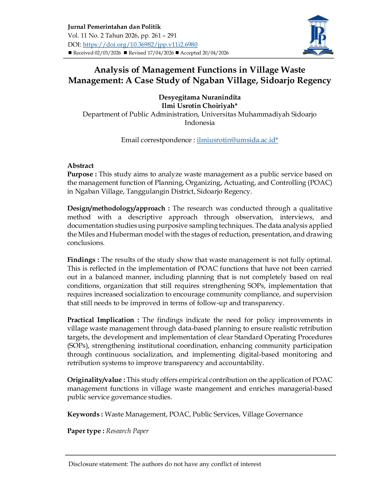 JURIS Analysis of Management Functions in Village Waste Management A Case Study of Ngaban Village Sidoarjo Regency Analisis Fungsi Manajemen dalam Pengelolaan Sampah Desa Studi Kasus Desa Ngaban Kabupat