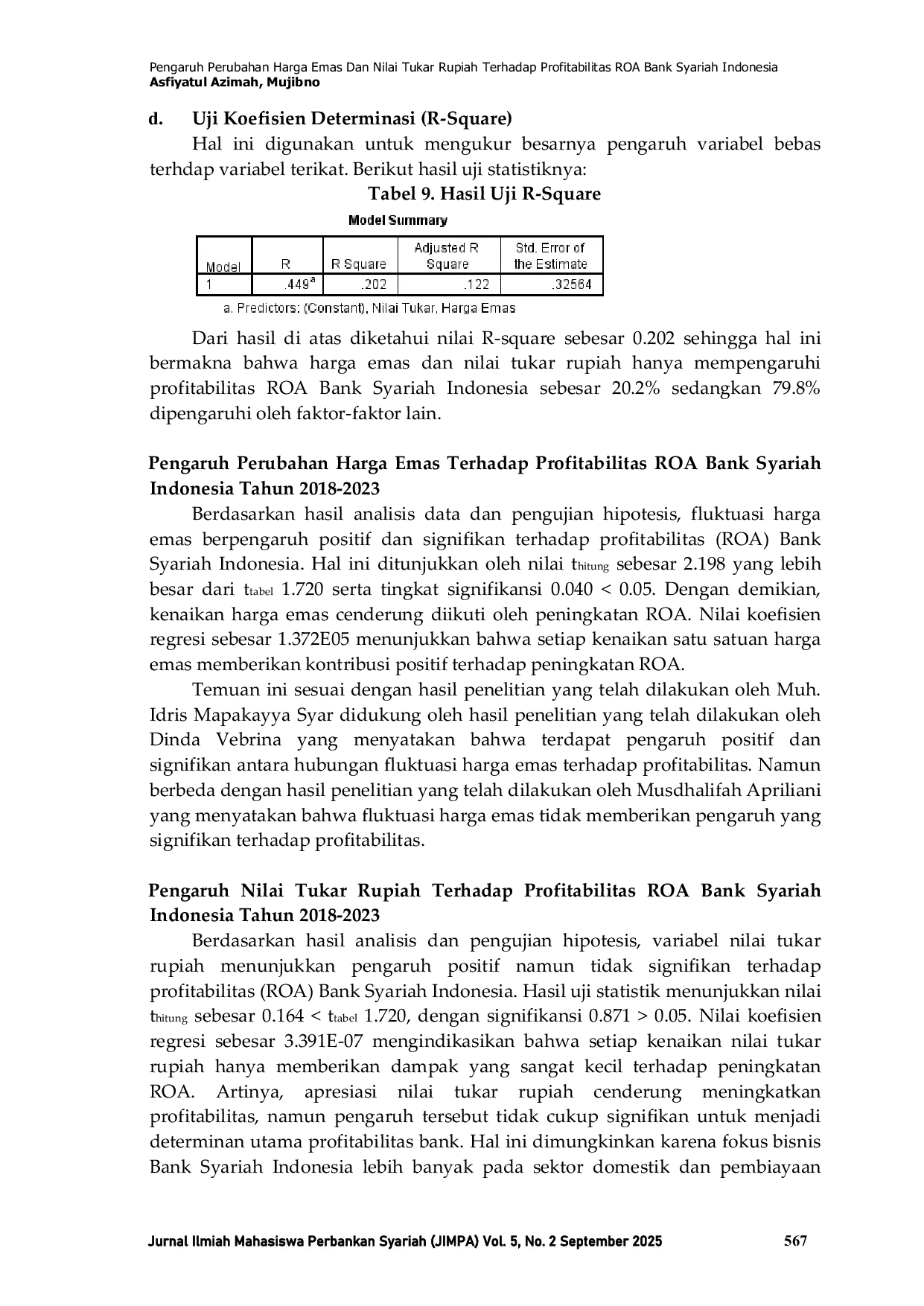 JURIS Pengaruh Perubahan Harga Emas Dan Nilai Tukar Rupiah Terhadap Profitabilitas ROA Bank Syariah Indonesia