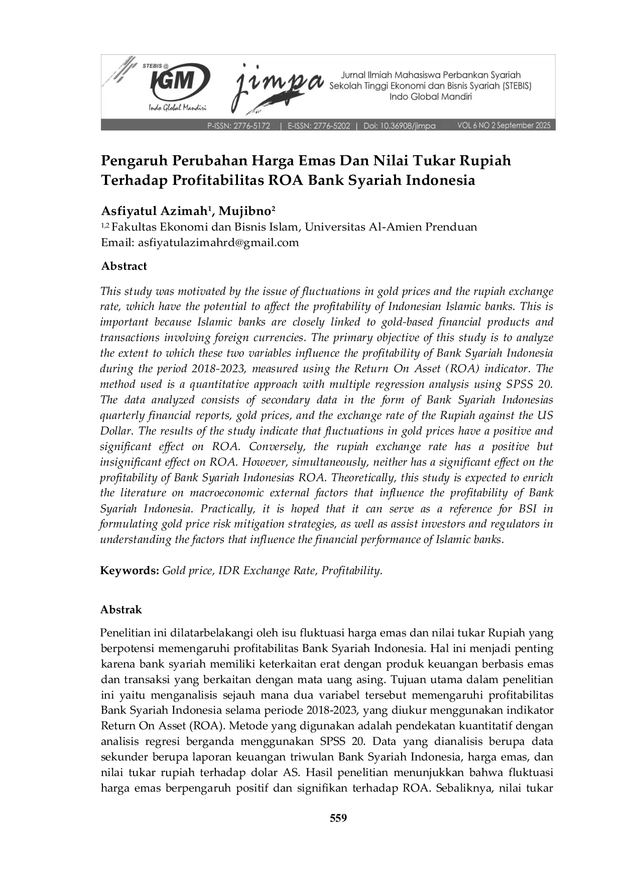JURIS Pengaruh Perubahan Harga Emas Dan Nilai Tukar Rupiah Terhadap Profitabilitas ROA Bank Syariah Indonesia