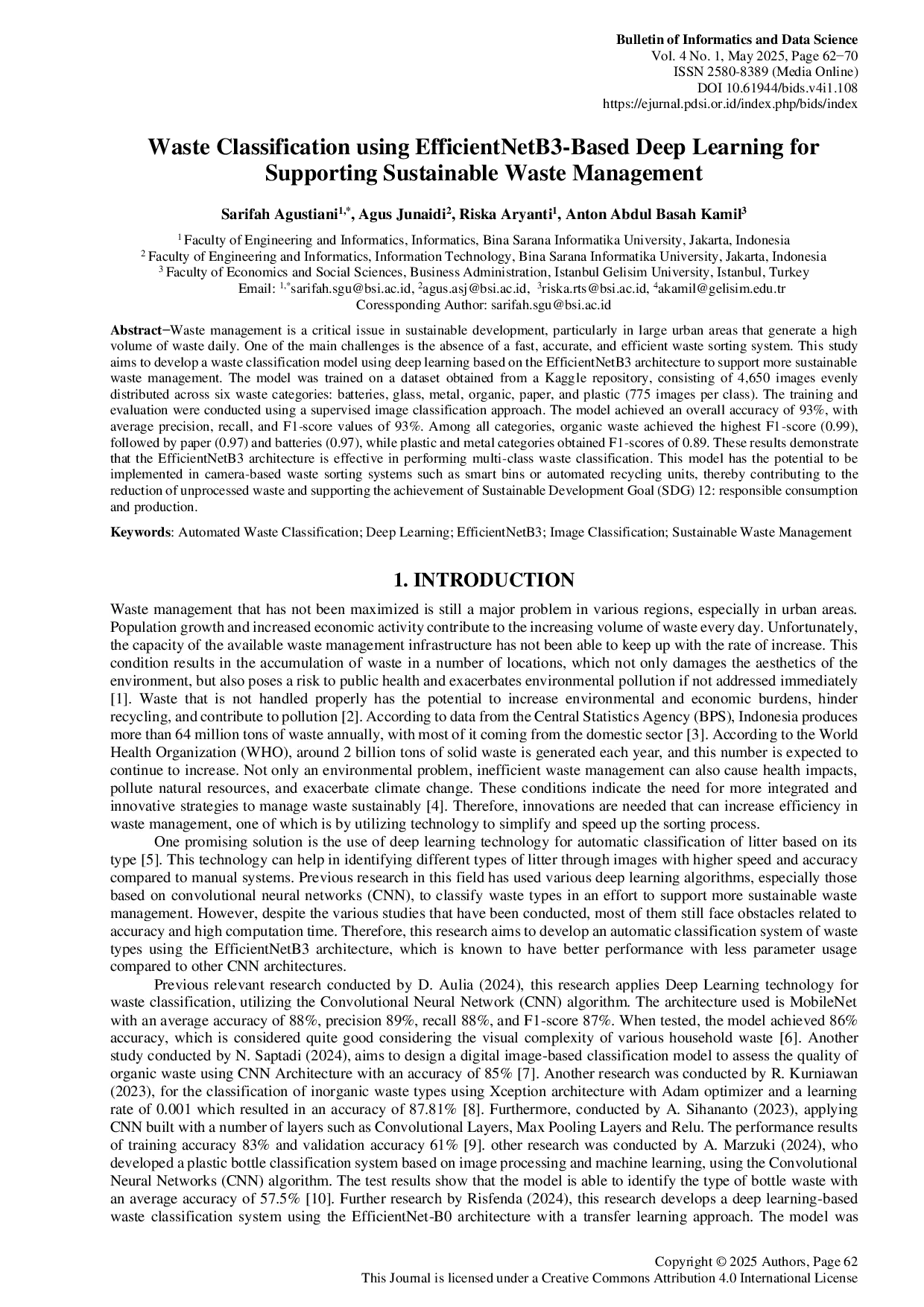 JURIS Waste Classification using EfficientNetB3 Based Deep Learning for Supporting Sustainable Waste Management