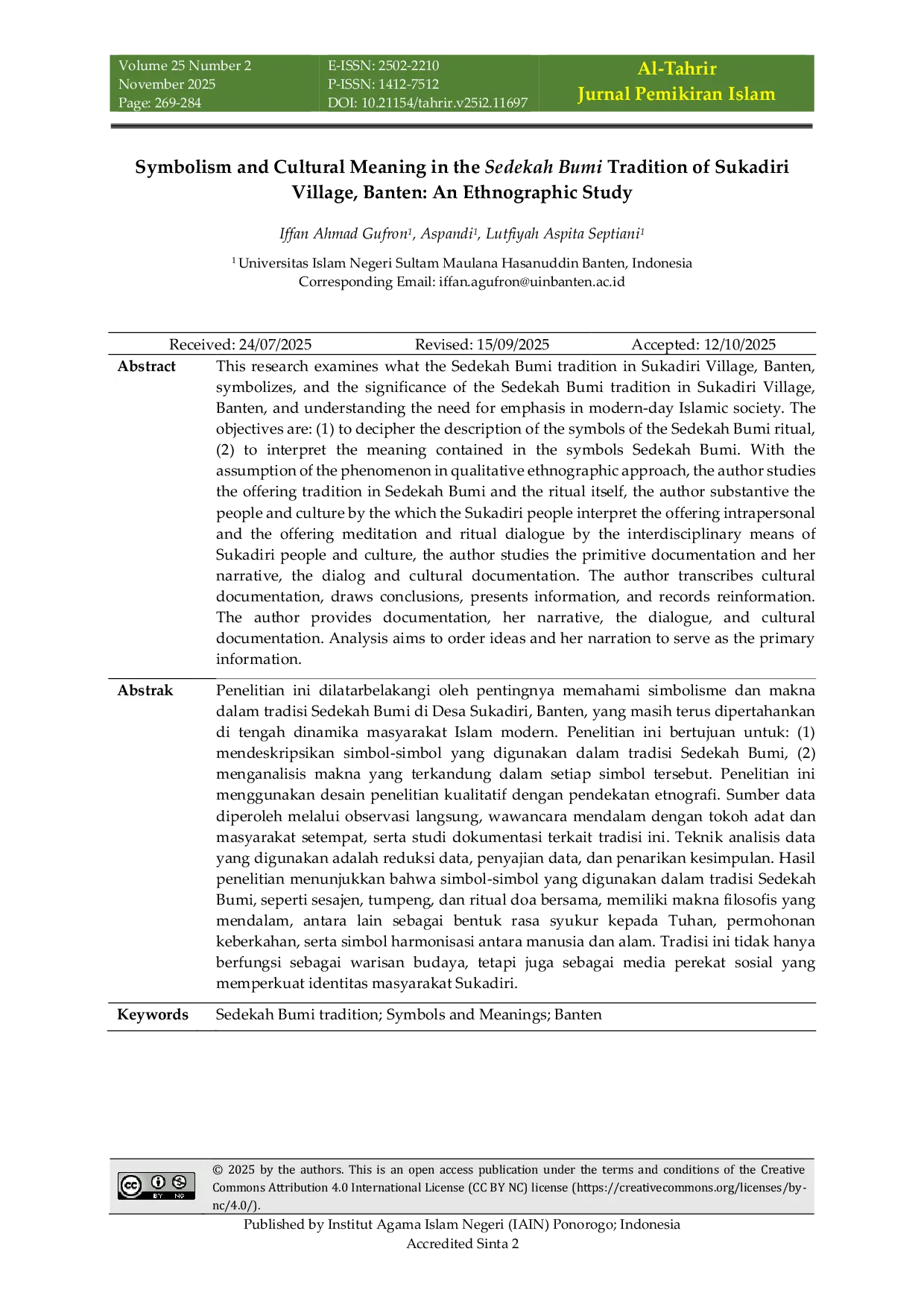 JURIS Symbolism and Cultural Meaning in the Sedekah Bumi Tradition of Sukadiri Village Banten An Ethnographic Study