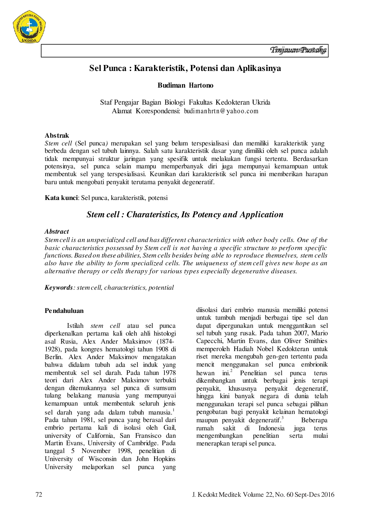 JURIS Sel Punca Karakteristik Potensi dan Aplikasinya