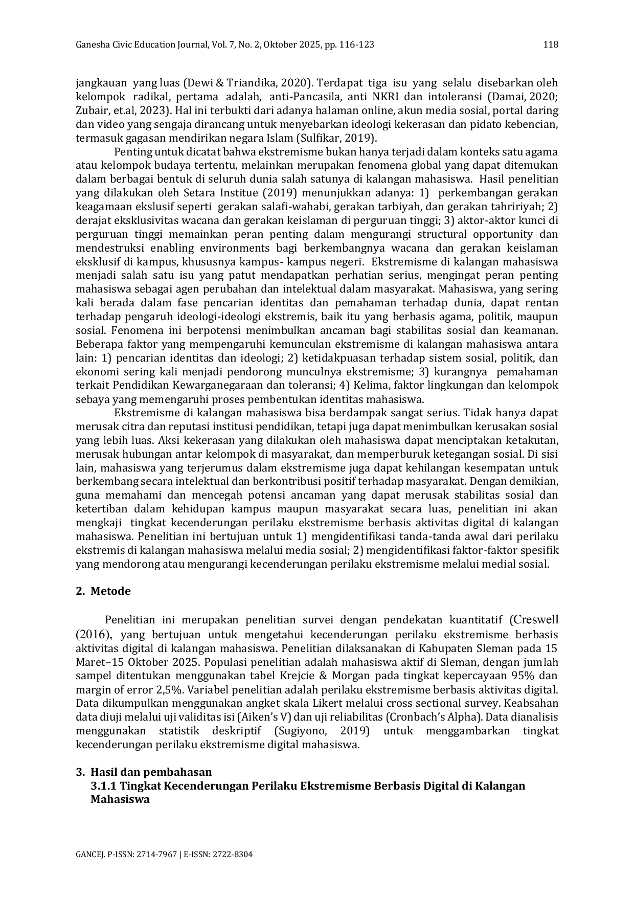 JURIS Tingkat Kecenderungan Perilaku Ekstremisme Berbasis Aktivitas Digital Di Kalangan Mahasiswa