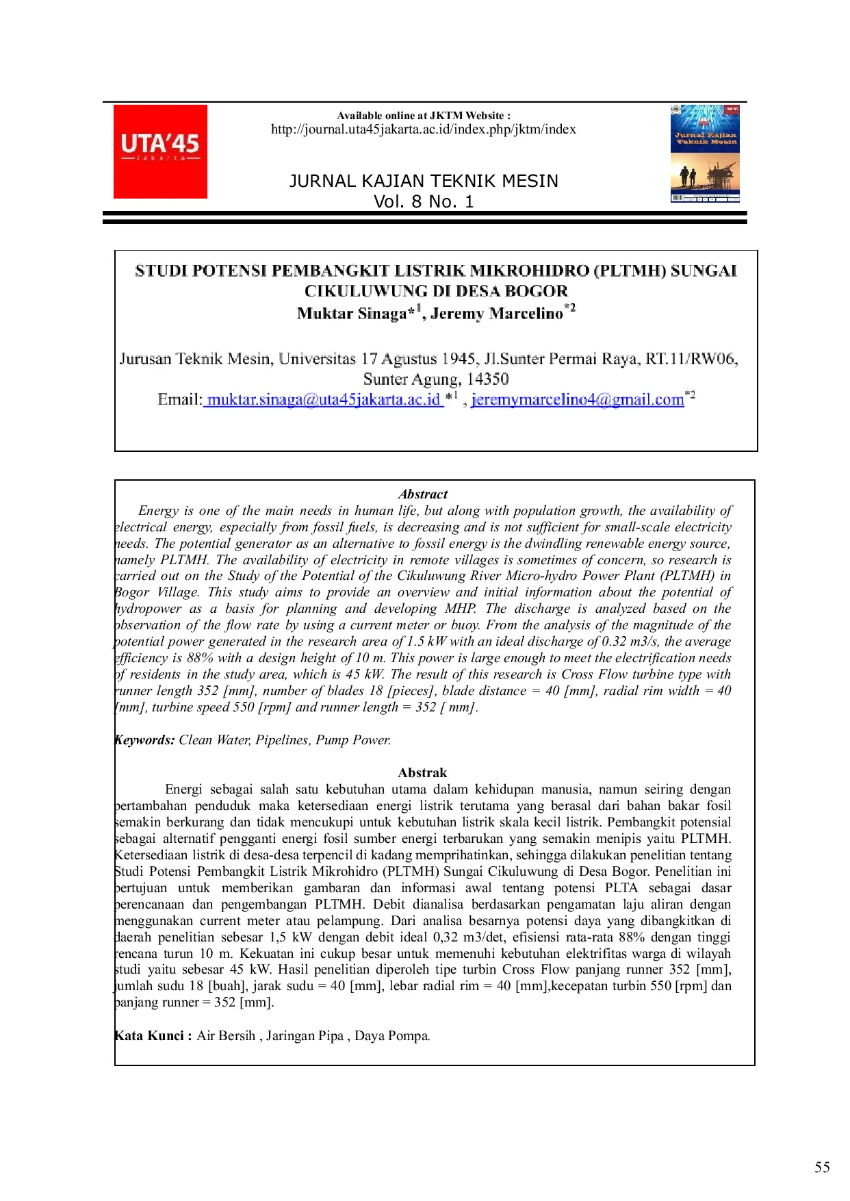 JURIS Studi Potensi Pembangkit Listrik Mikrohidro PLTMH Sungai Cikuluwung di Desa Bogor