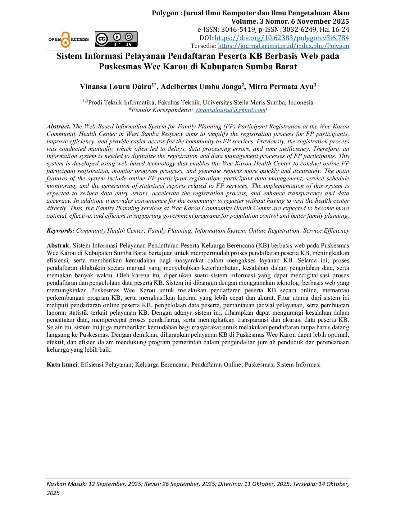 JURIS Sistem Informasi Pelayanan Pendaftaran Peserta KB Berbasis Web pada Puskesmas Wee Karou di Kabupaten Sumba Barat