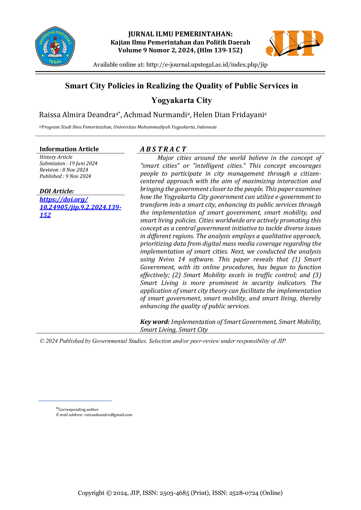 JURIS Smart City Policies in Realizing the Quality of Public Services in Yogyakarta City
